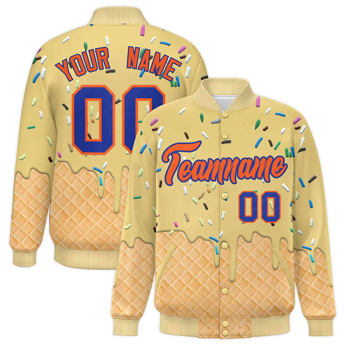 Custom Khaki Ice Cream Cone Graffiti Pattern Full-Snap Varsity Letterman Jackets