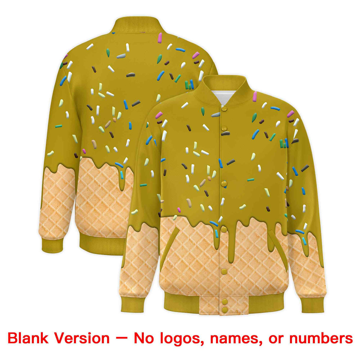 Custom Old Gold Ice Cream Cone Graffiti Pattern Full-Snap Varsity Letterman Jackets