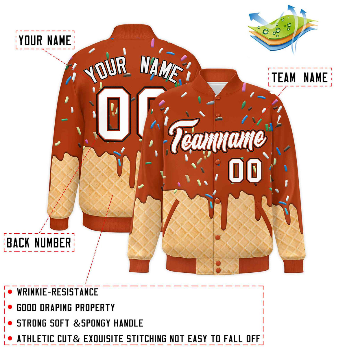 Custom Dark Orange Ice Cream Cone Graffiti Pattern Full-Snap Varsity Letterman Jackets