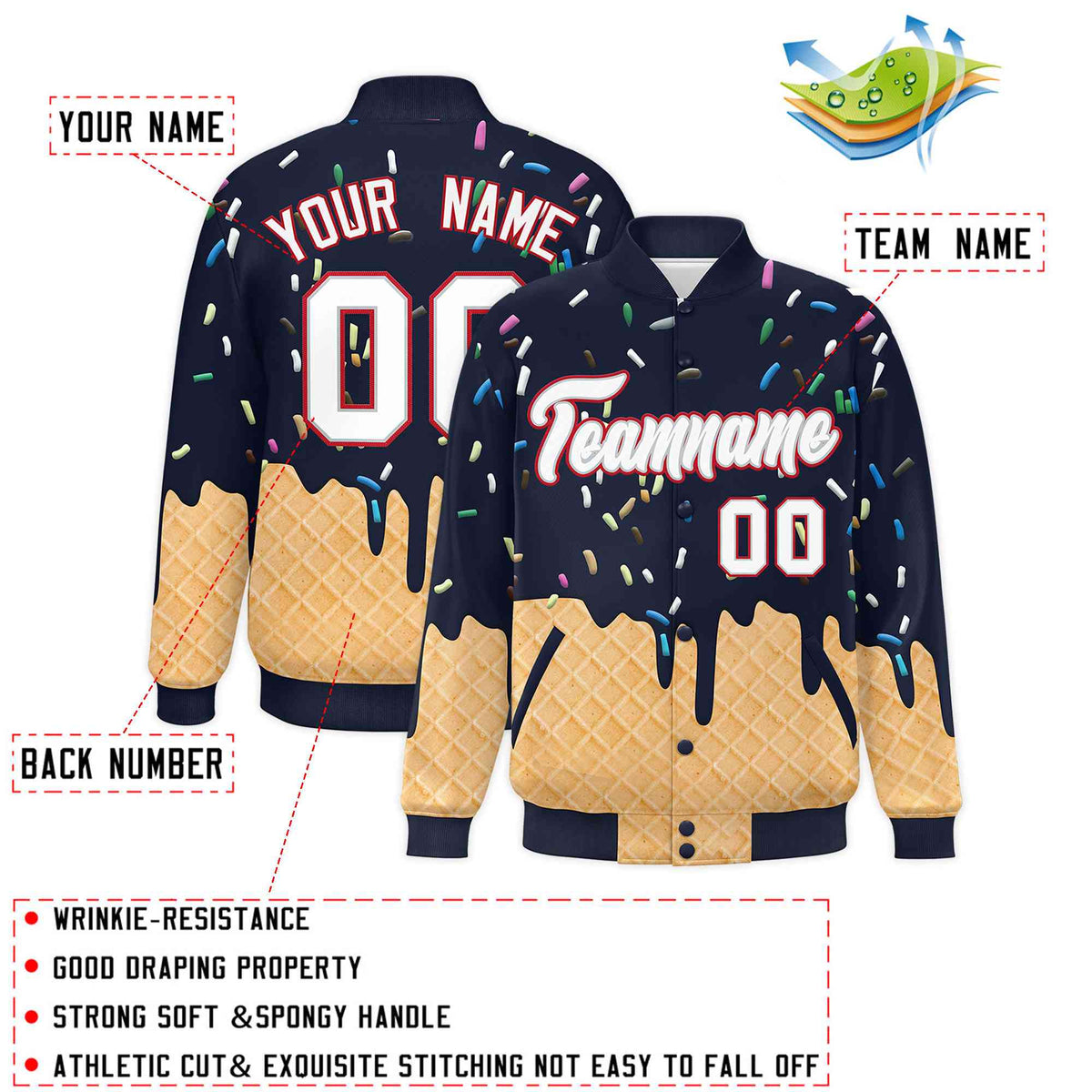 Custom Navy Ice Cream Cone Graffiti Pattern Full-Snap Varsity Letterman Jackets
