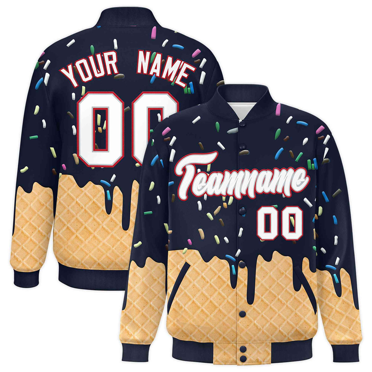 Custom Navy Ice Cream Cone Graffiti Pattern Full-Snap Varsity Letterman Jackets