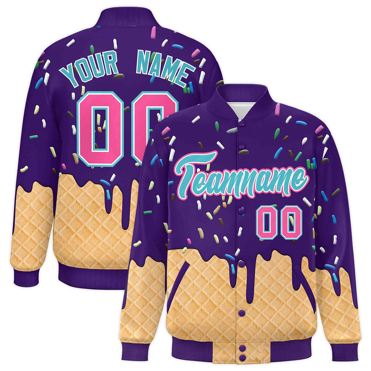 Custom Purple Ice Cream Cone Graffiti Pattern Full-Snap Varsity Letterman Jackets