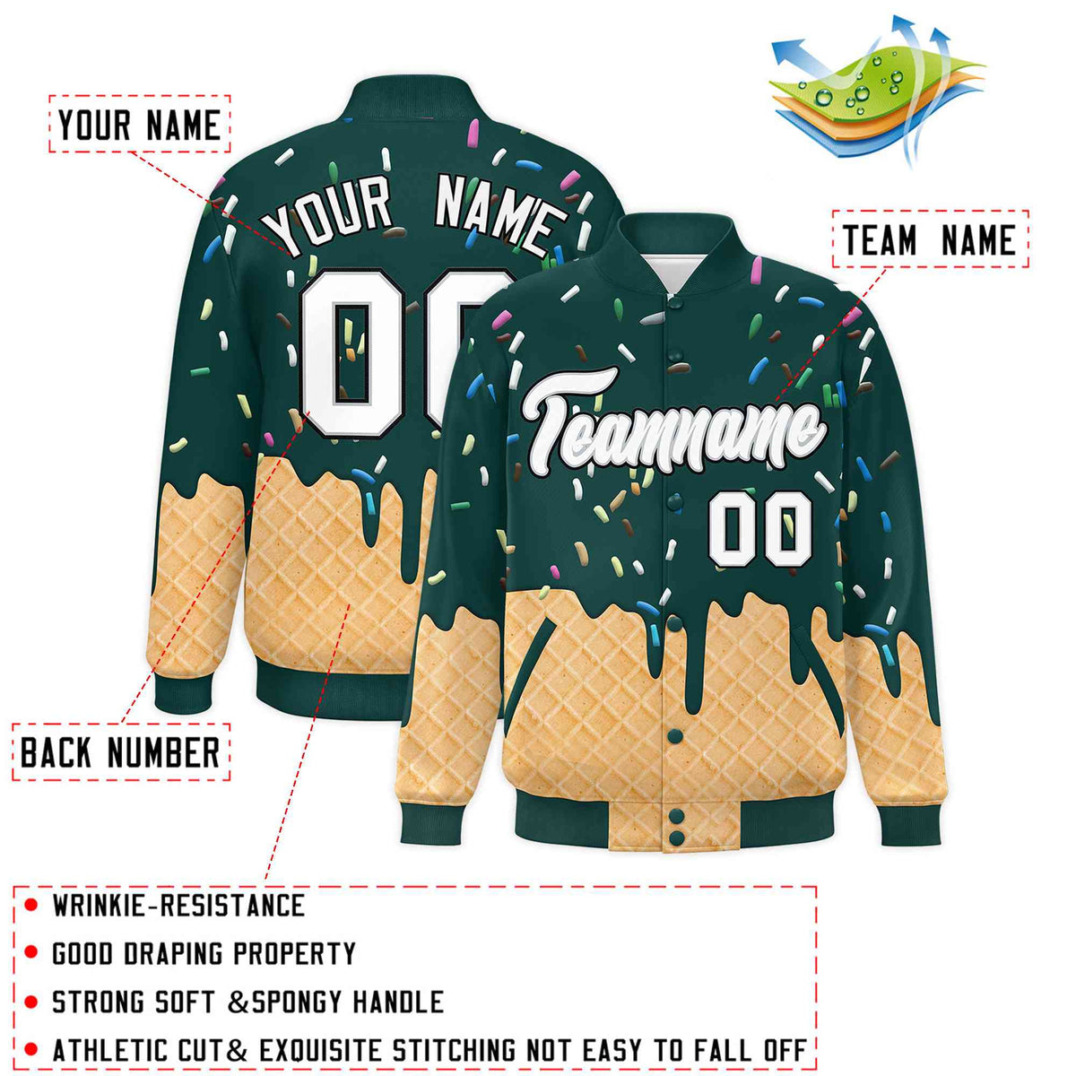 Custom Midnight Green Ice Cream Cone Graffiti Pattern Full-Snap Varsity Letterman Jackets
