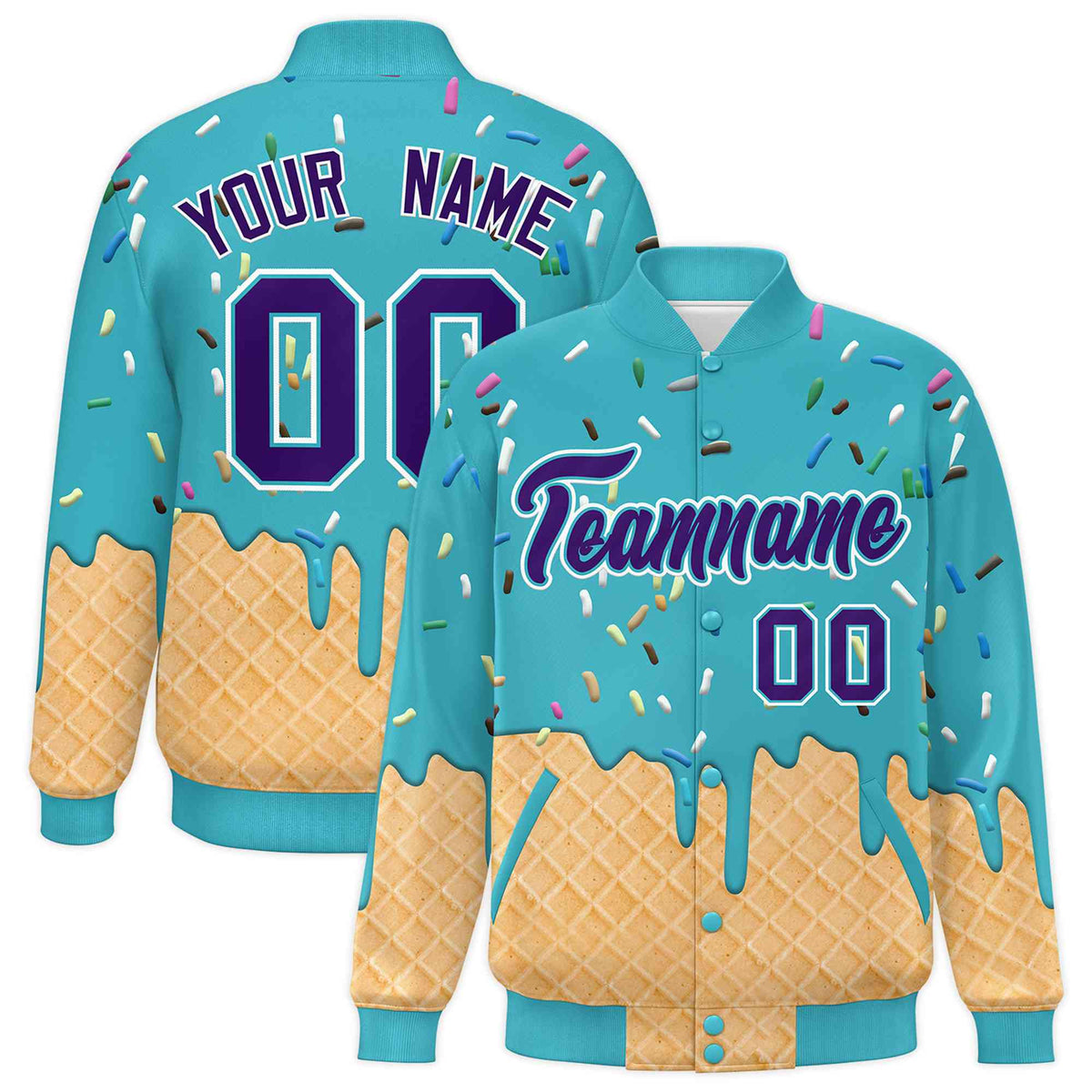 Custom Sky Blue Ice Cream Cone Graffiti Pattern Full-Snap Varsity Letterman Jackets
