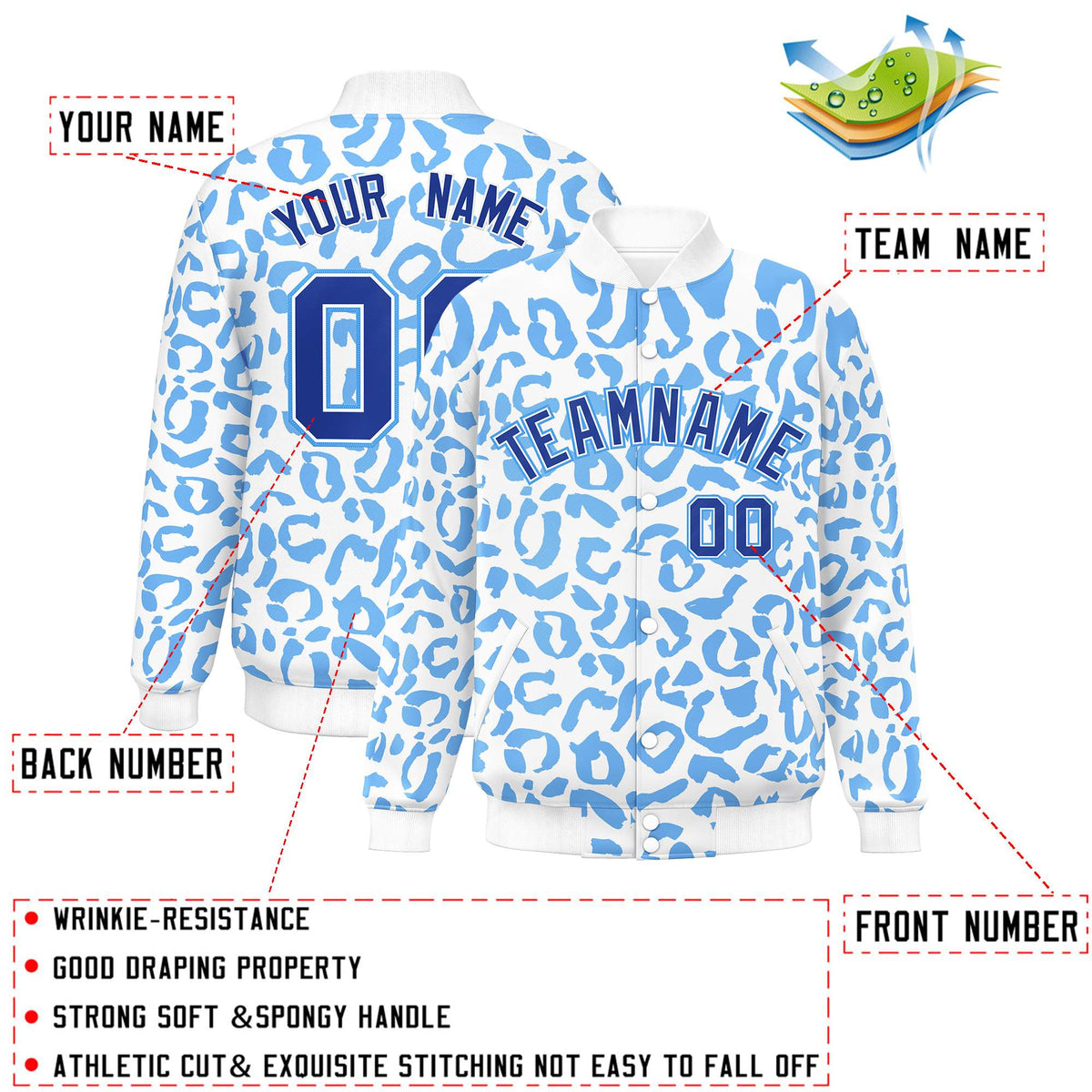Custom White Powder Blue Varsity Full-Snap Leopard Print Graffiti Pattern Letterman Baseball Jacket