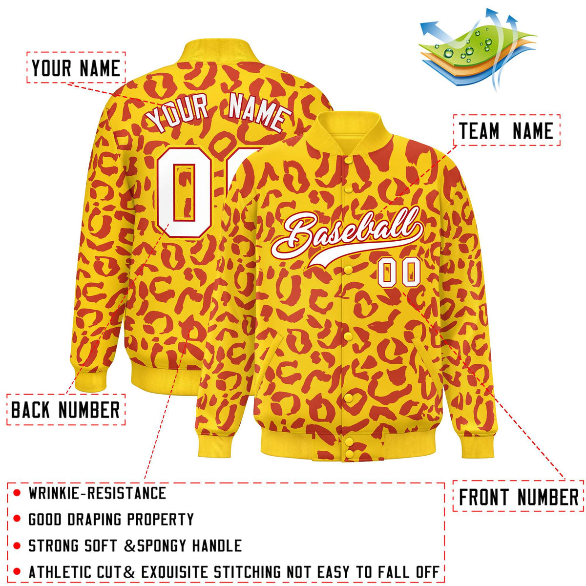 Custom Gold Red Varsity Full-Snap Leopard Print Graffiti Pattern Letterman Baseball Jacket