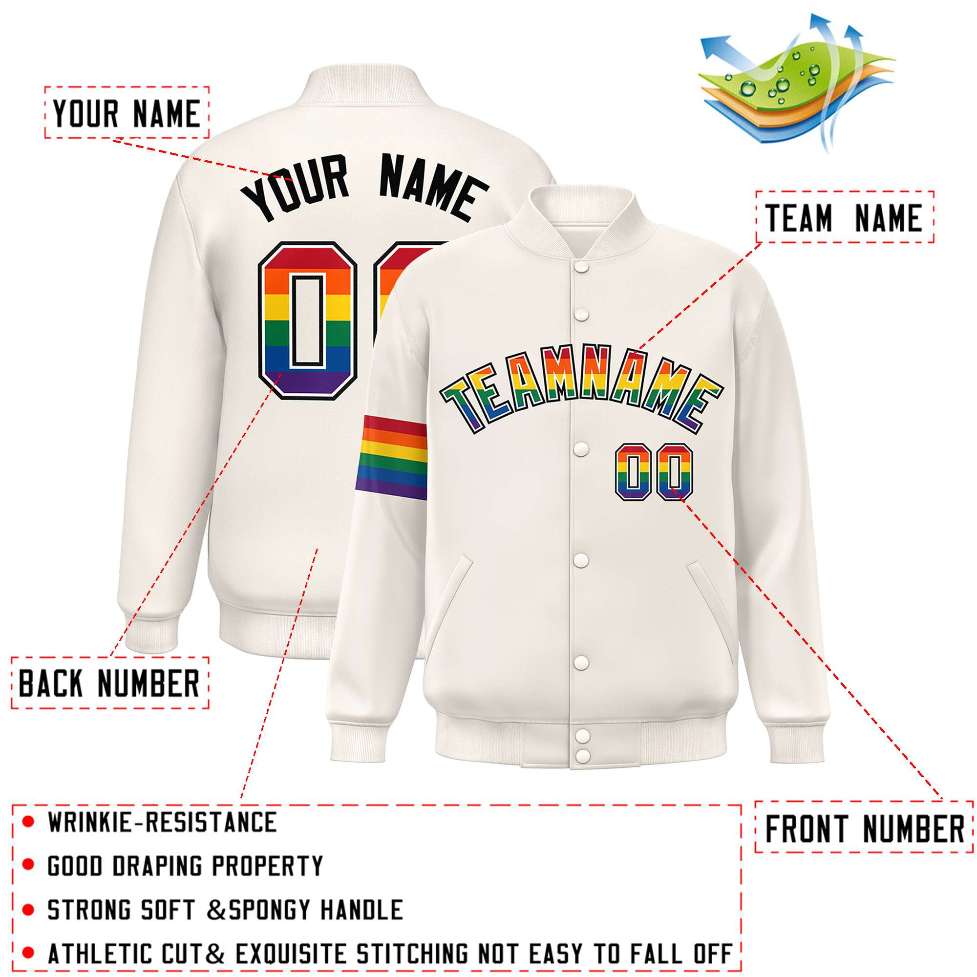 Custom Cream LGBT Rainbow For Pride Month Classic Style Letterman Baseball Jacket