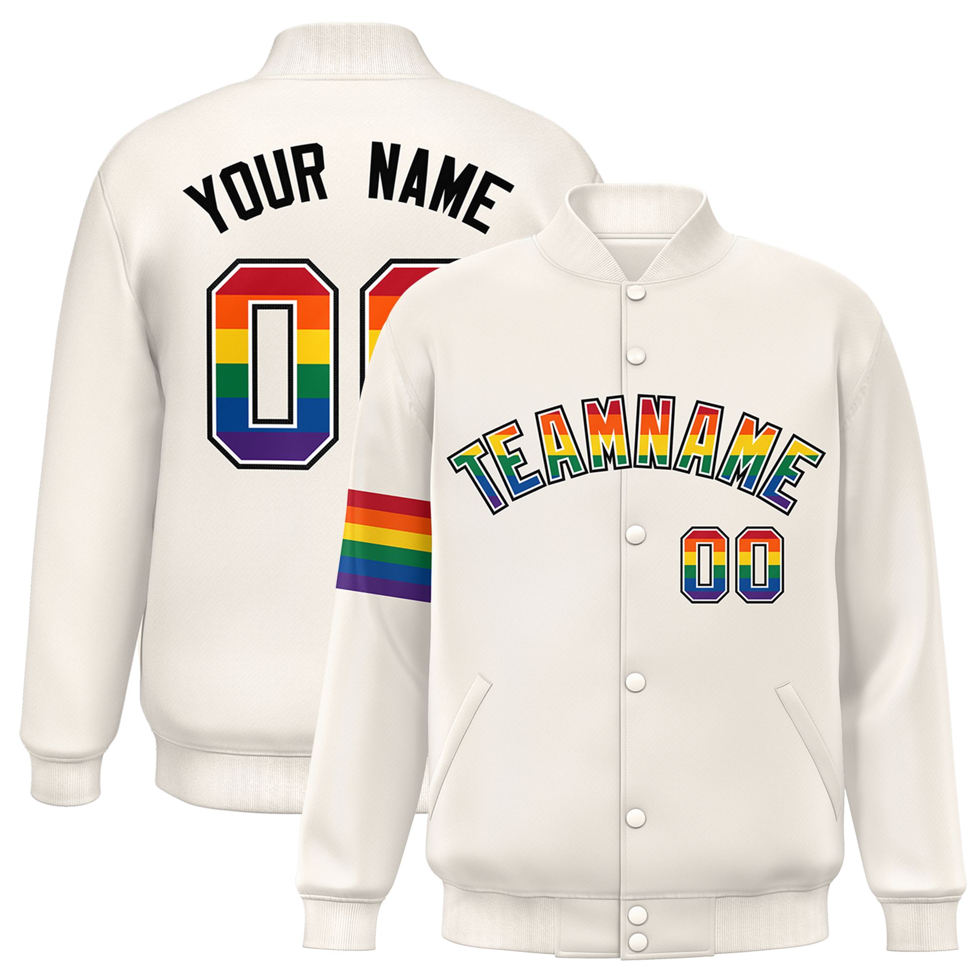 Custom Cream LGBT Rainbow For Pride Month Classic Style Letterman Baseball Jacket