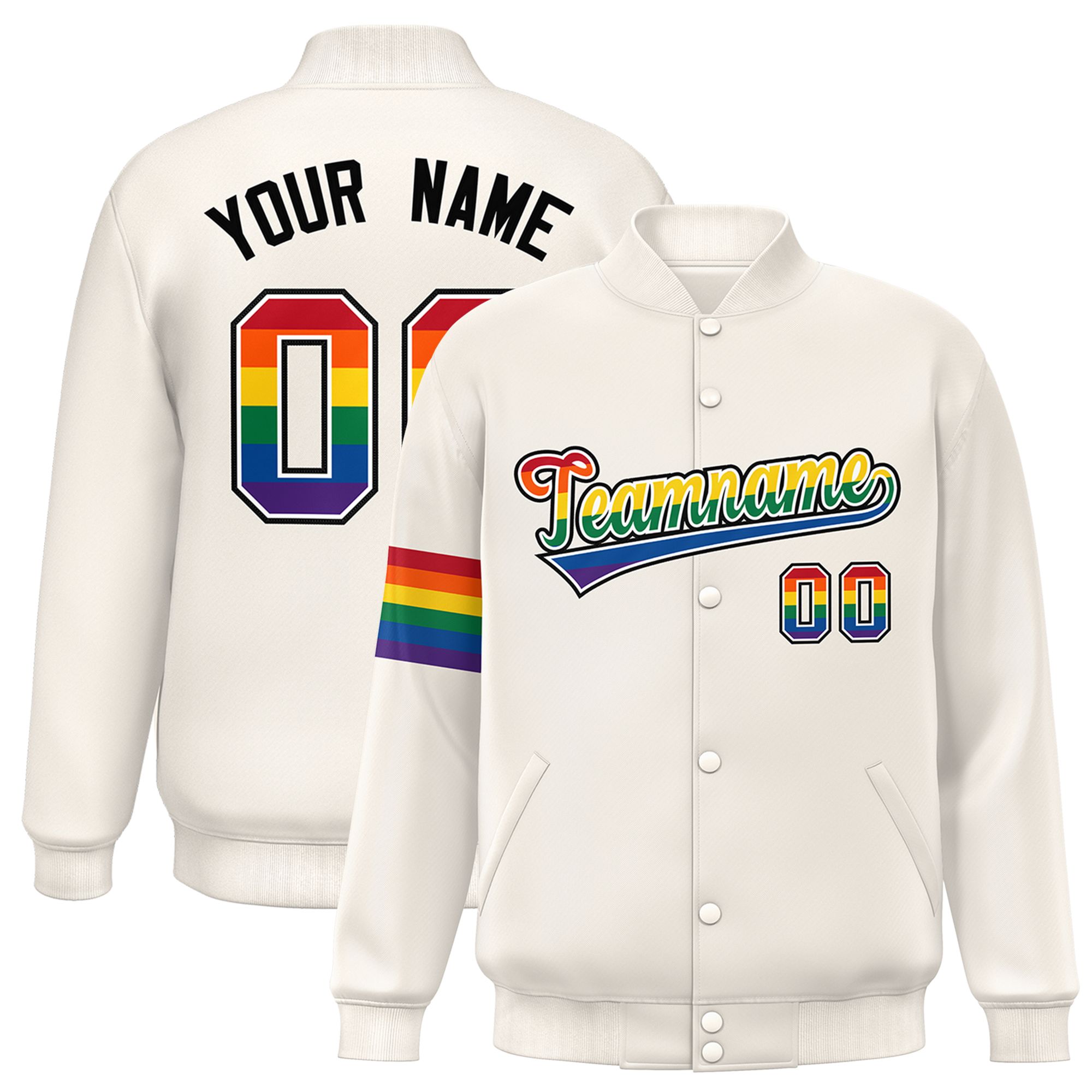Custom Cream LGBT Rainbow For Pride Month Classic Style Letterman Baseball Jacket
