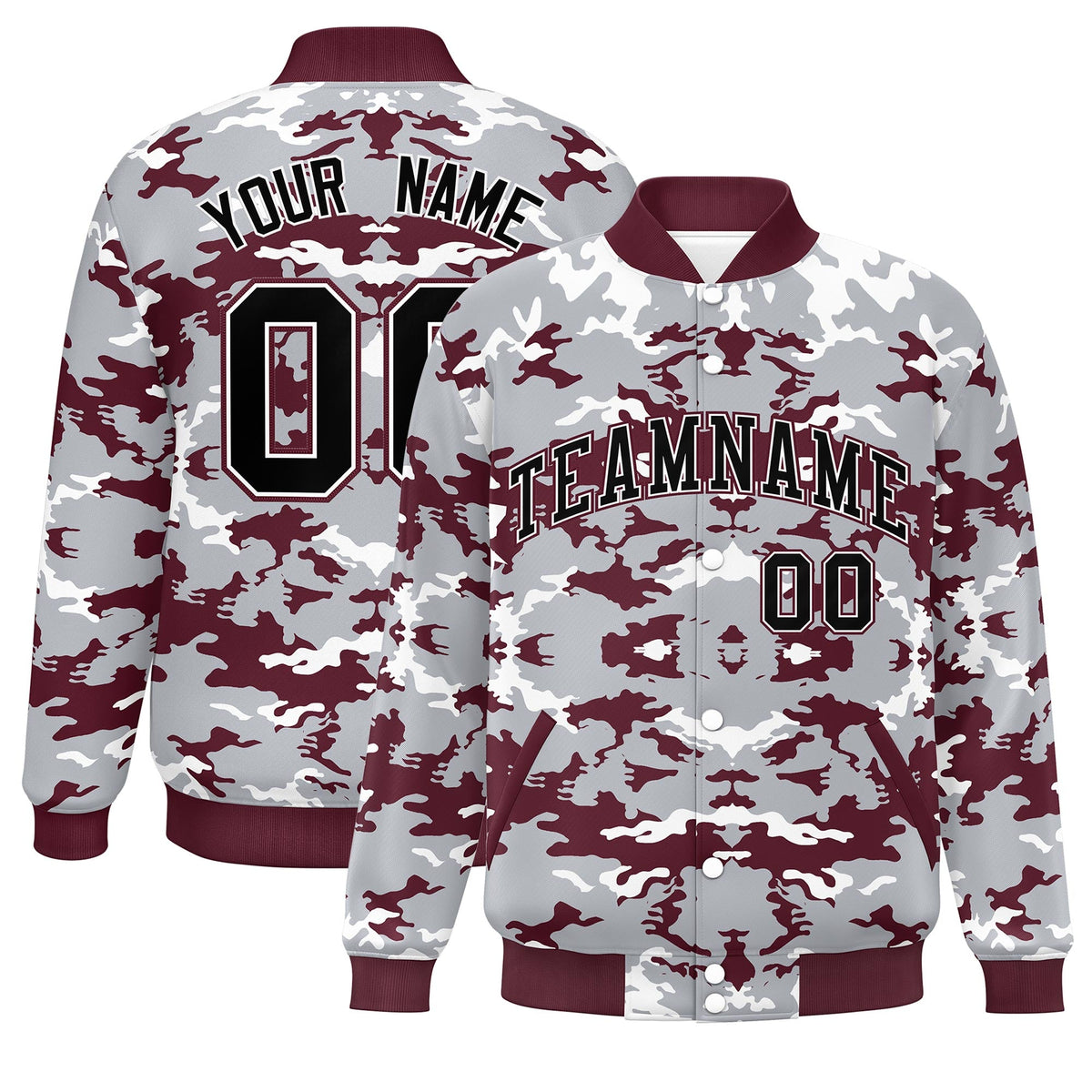 Custom Gray Crimson-White Varsity Full-Snap Camo Letterman Jacket
