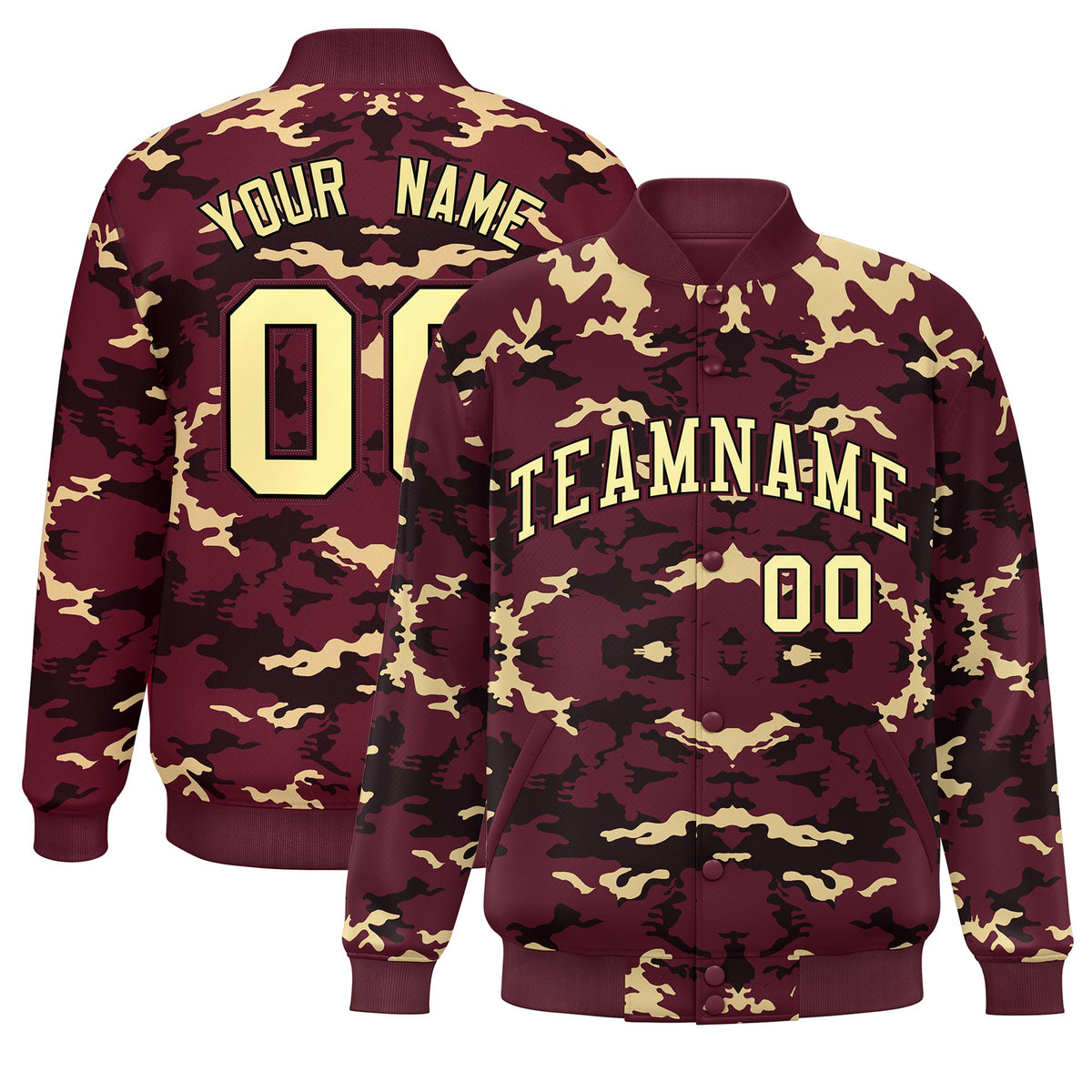 Custom Crimson Black-Khaki Varsity Full-Snap Camo Letterman Jacket