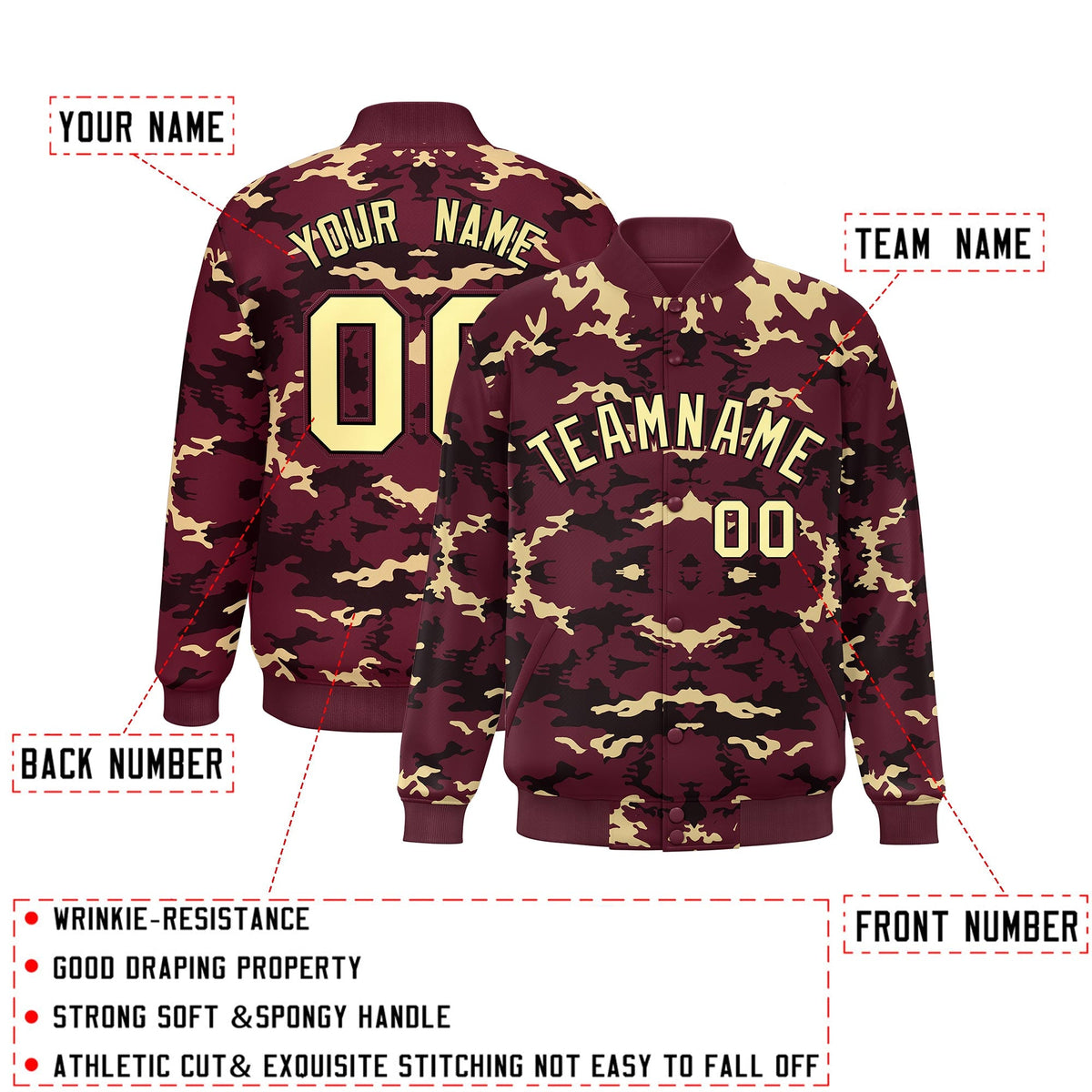 Custom Crimson Black-Khaki Varsity Full-Snap Camo Letterman Jacket