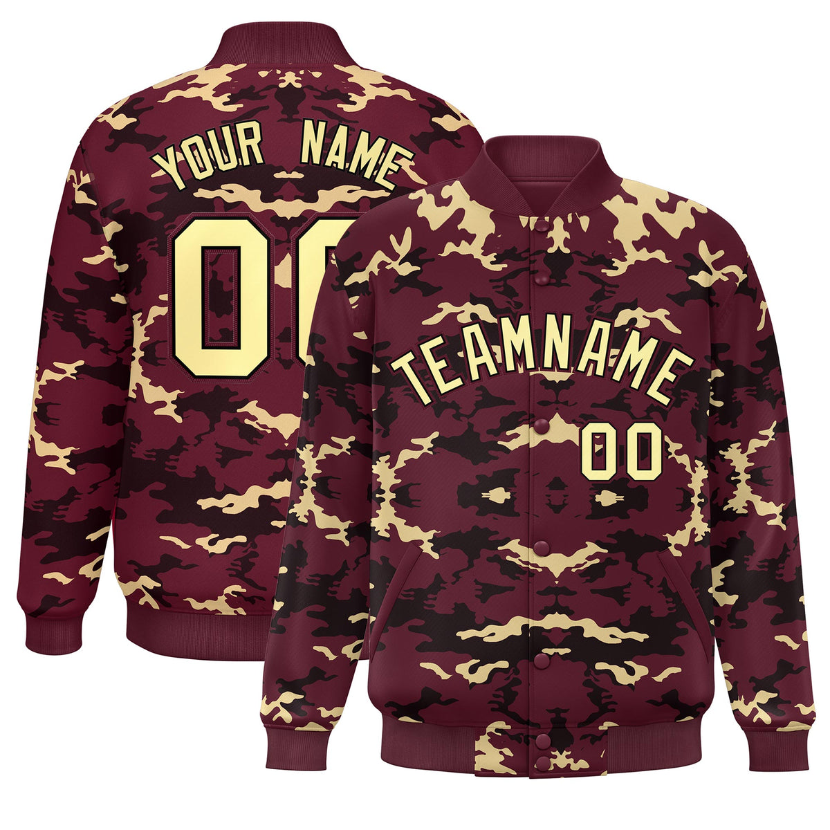 Custom Crimson Black-Khaki Varsity Full-Snap Camo Letterman Jacket