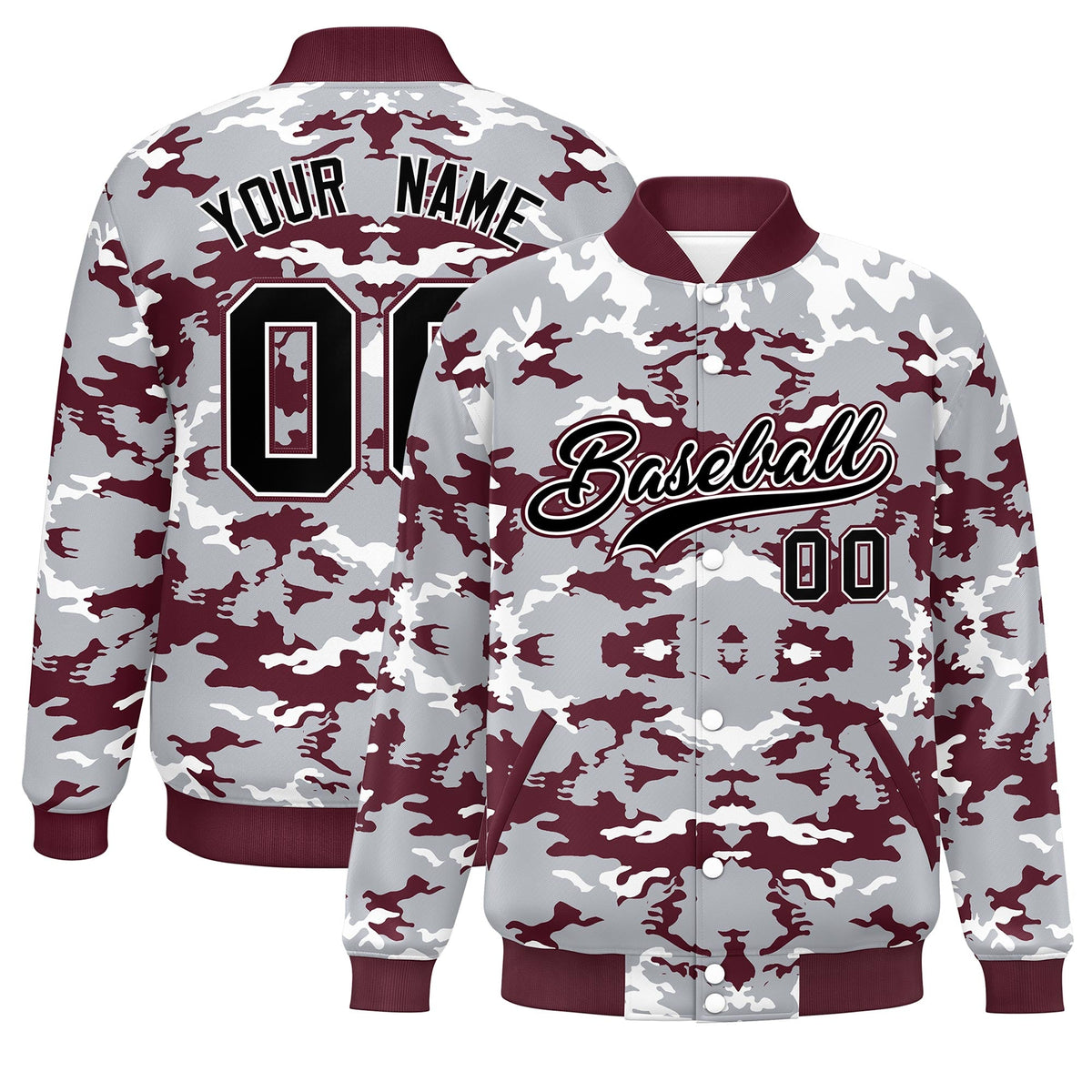 Custom Gray Crimson-White Varsity Full-Snap Camo Letterman Jacket