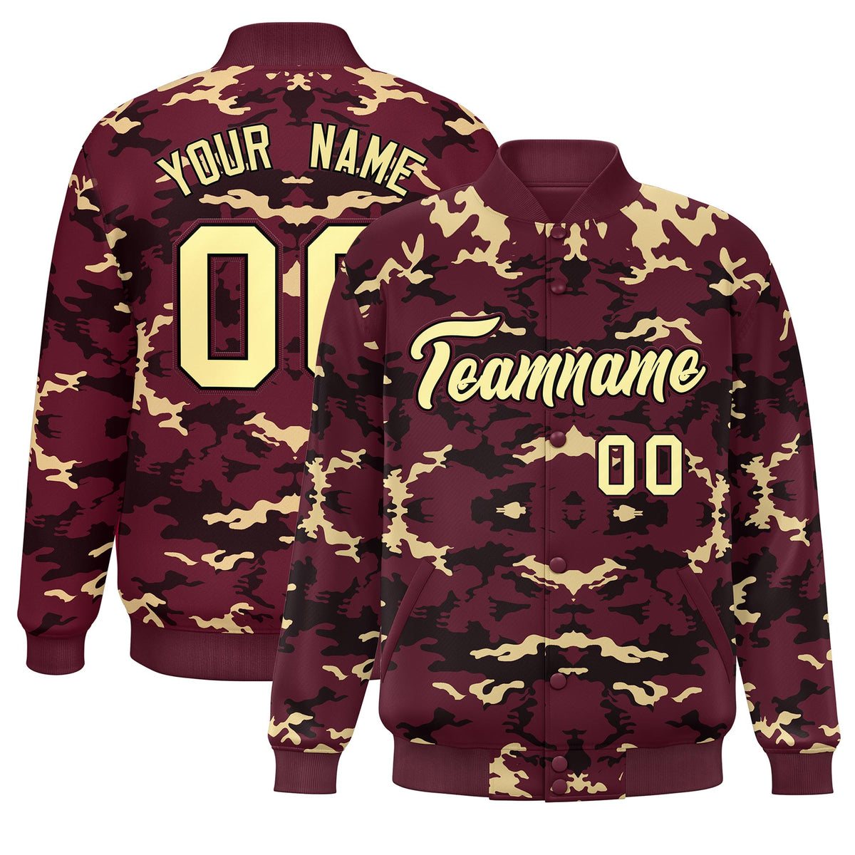 Custom Crimson Black-Khaki Varsity Full-Snap Camo Letterman Jacket