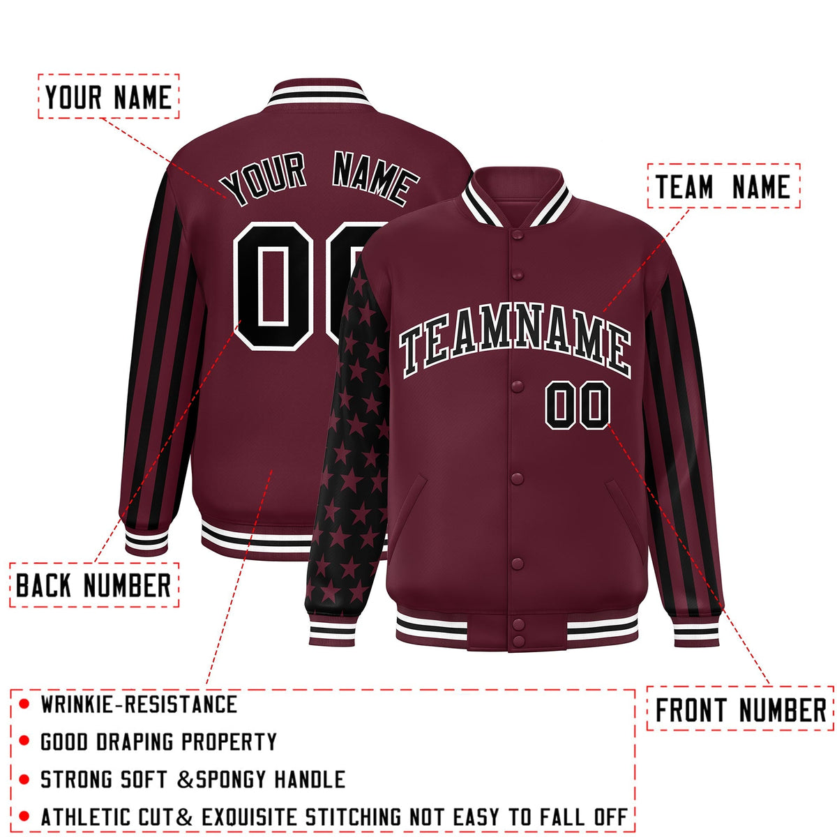 Custom Crimson Black American Flag Varsity Full-Snap Authentic Raglan Sleeves Letterman Bomber Jacket