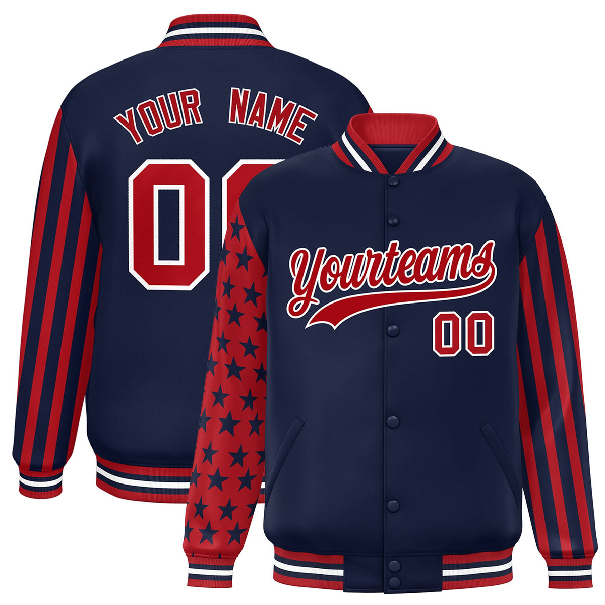 Custom Navy American Flag Varsity Full-Snap Authentic Raglan Sleeves Letterman Bomber Jacket