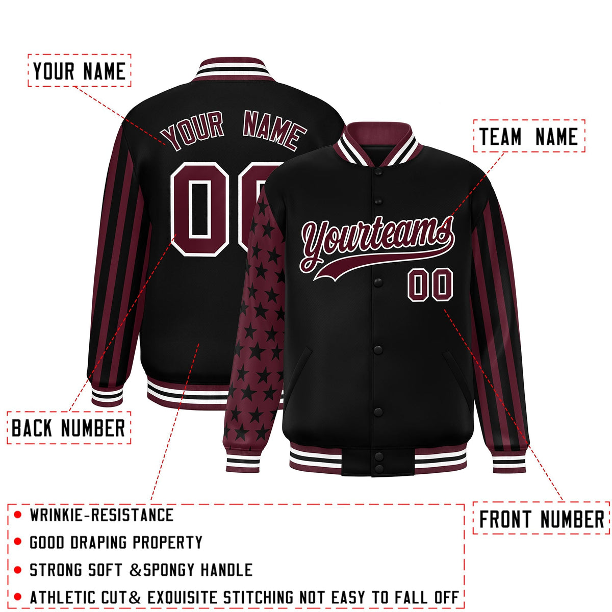 Custom Black Crimson American Flag Varsity Full-Snap Authentic Raglan Sleeves Letterman Bomber Jacket