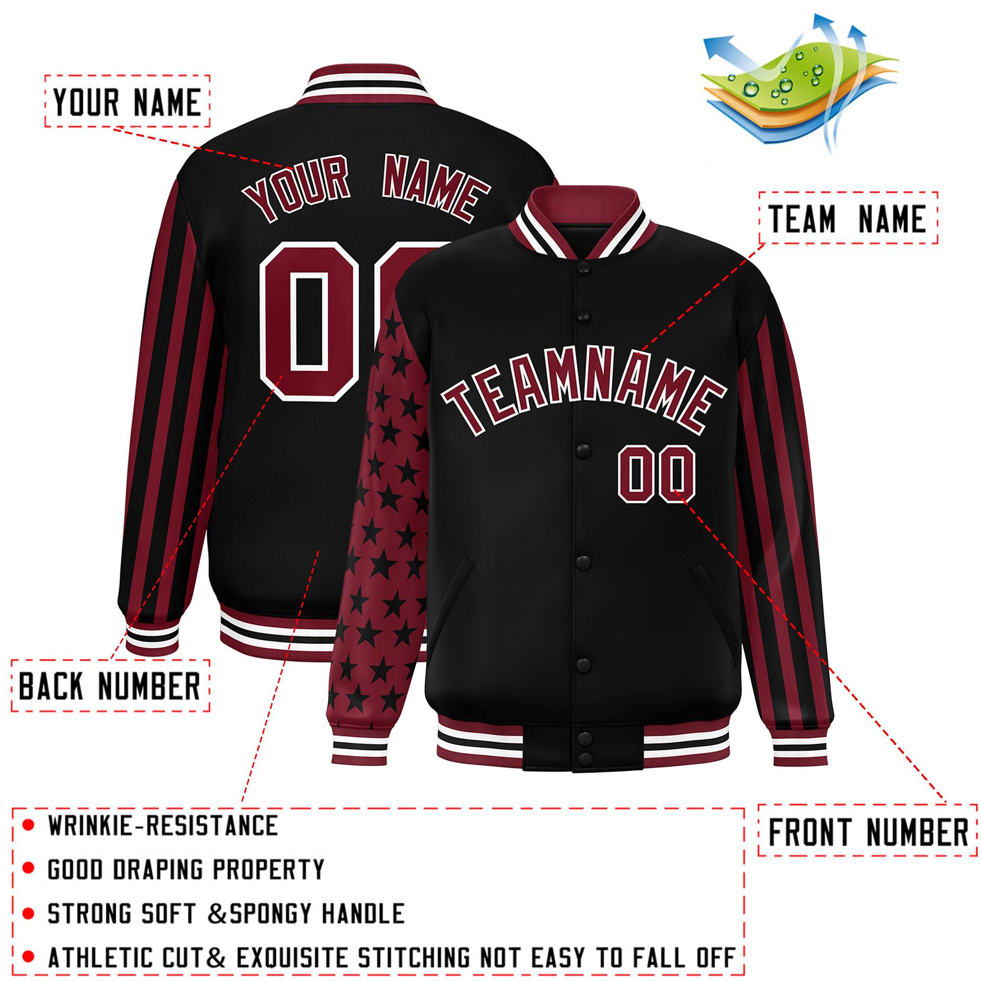 Custom Black Crimson American Flag Varsity Full-Snap Authentic Raglan Sleeves Letterman Bomber Jacket