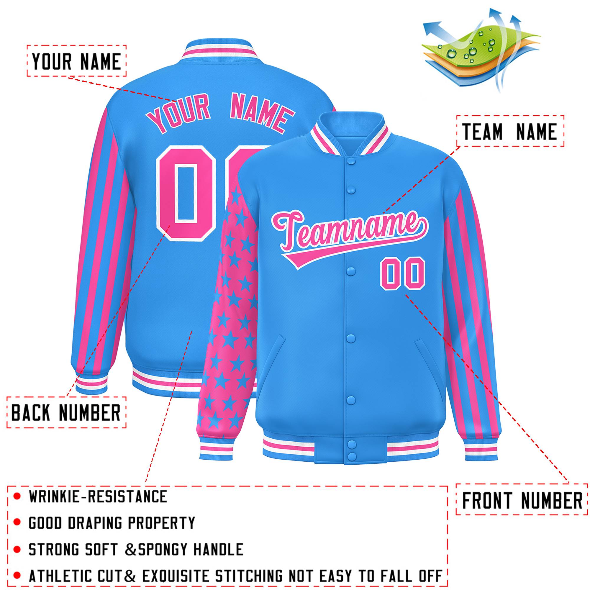 Custom Powder Blue Pink American Flag Varsity Full-Snap Authentic Raglan Sleeves Letterman Bomber Jacket