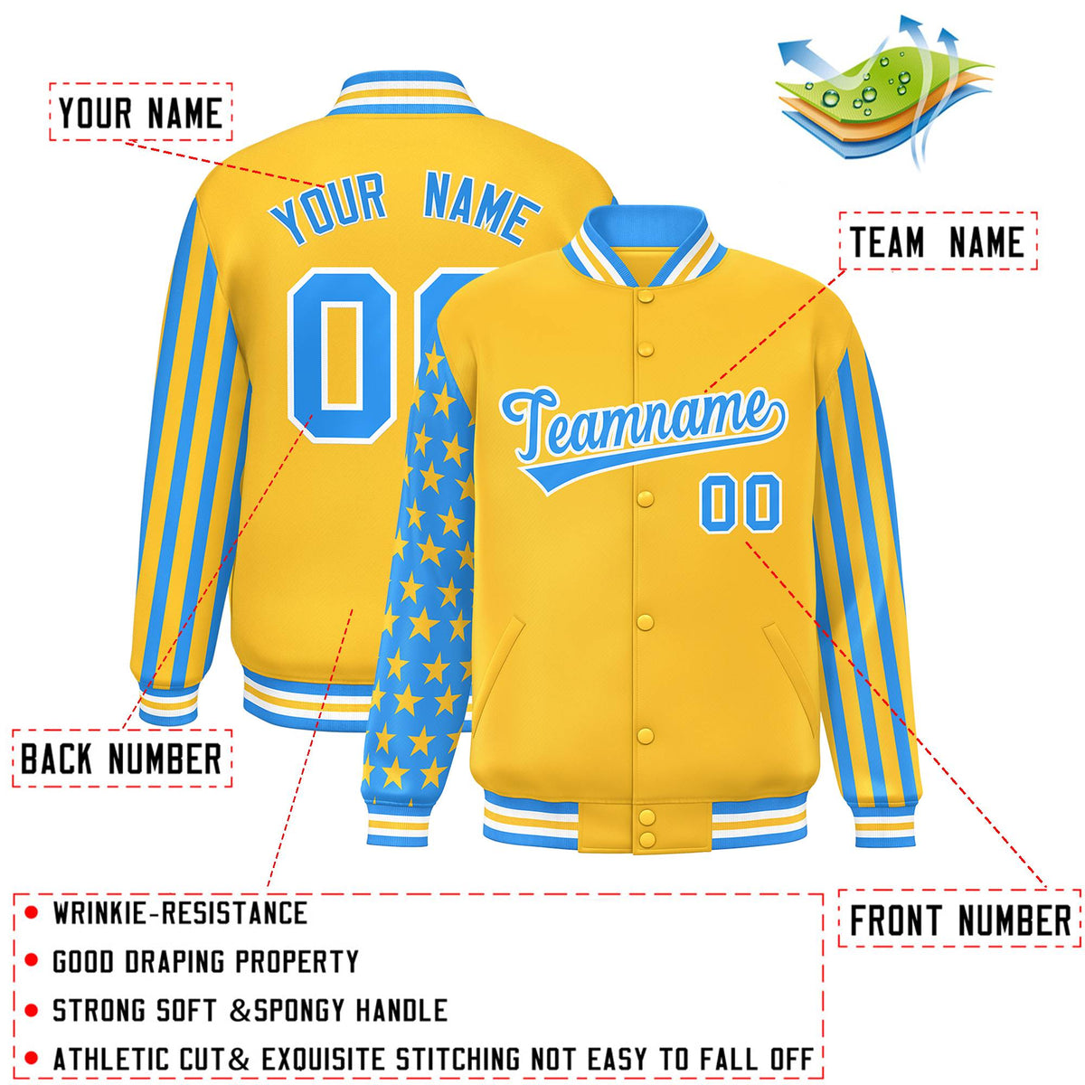 Custom Gold Powder Blue American Flag Varsity Full-Snap Authentic Raglan Sleeves Letterman Bomber Jacket