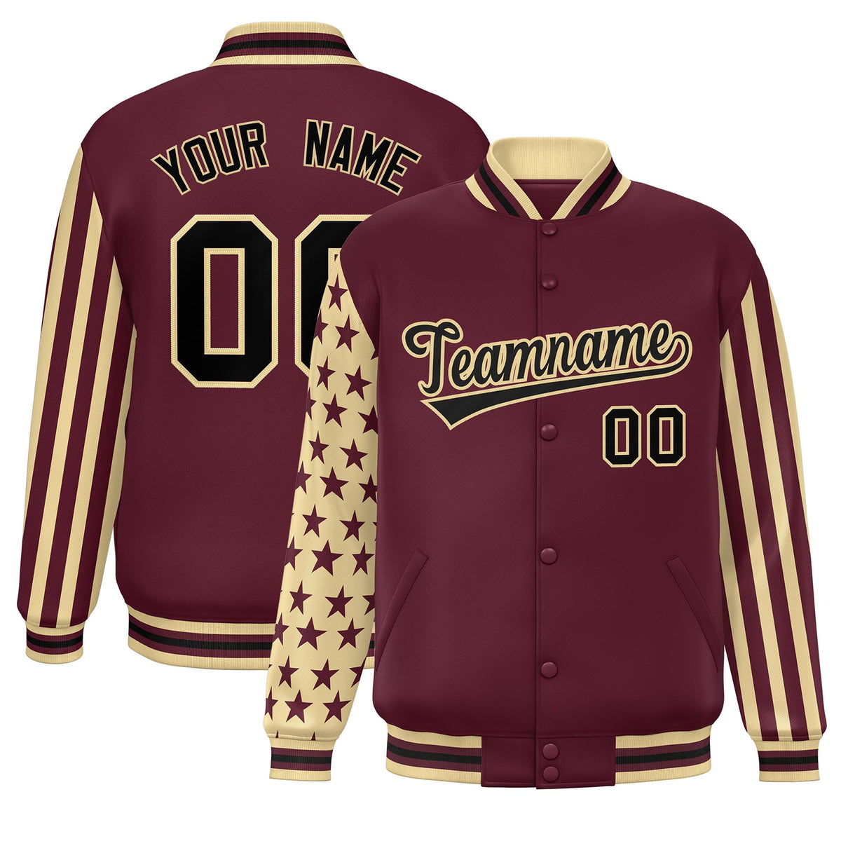 Custom Crimson Khaki American Flag Varsity Full-Snap Authentic Raglan Sleeves Letterman Bomber Jacket