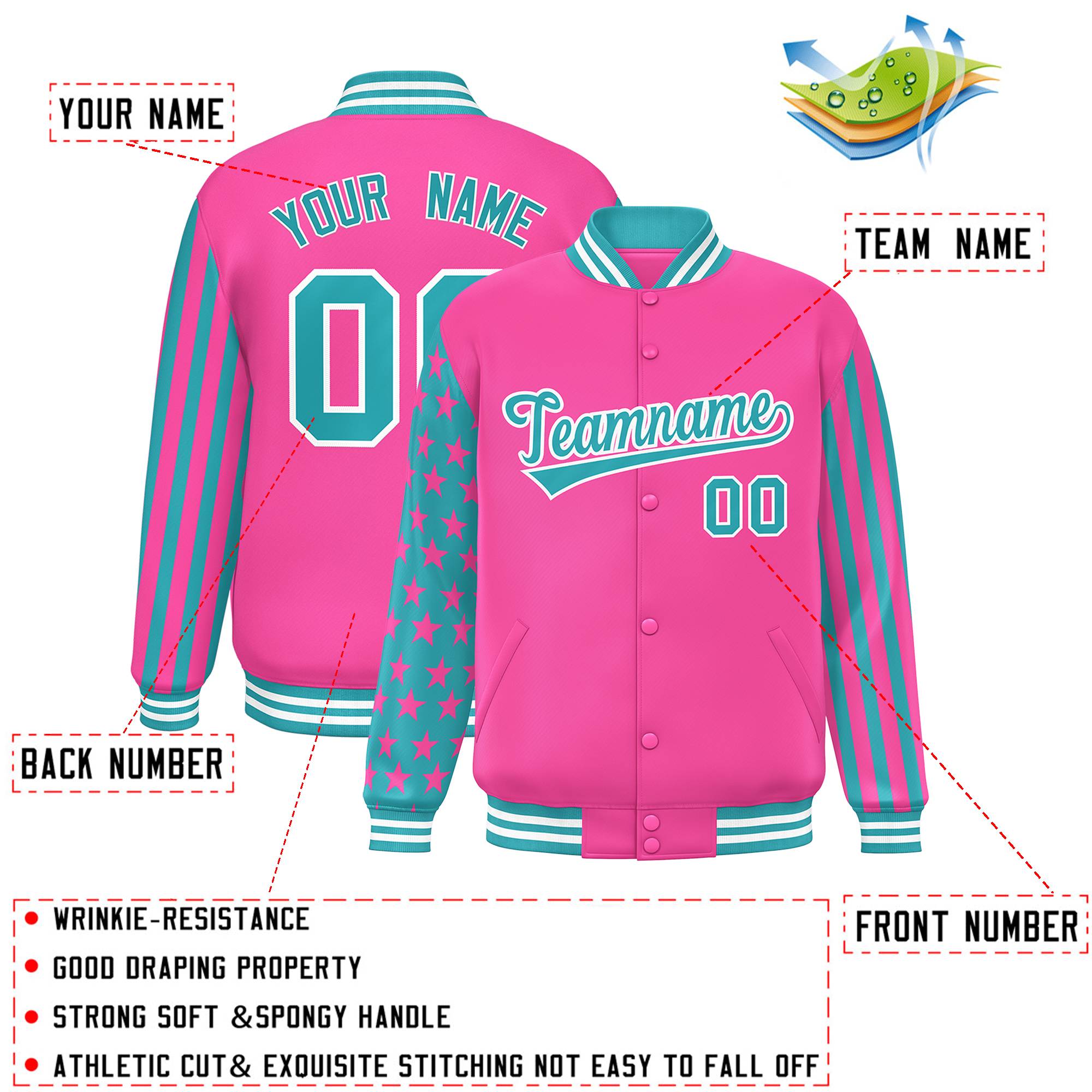 Custom Pink Aqua American Flag Varsity Full-Snap Authentic Raglan Sleeves Letterman Bomber Jacket