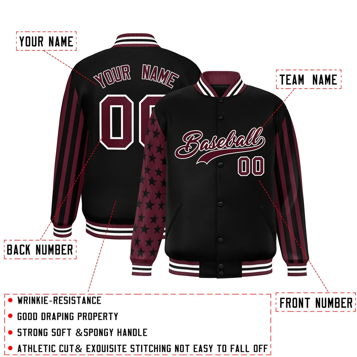 Custom Black Crimson American Flag Varsity Full-Snap Authentic Raglan Sleeves Letterman Bomber Jacket