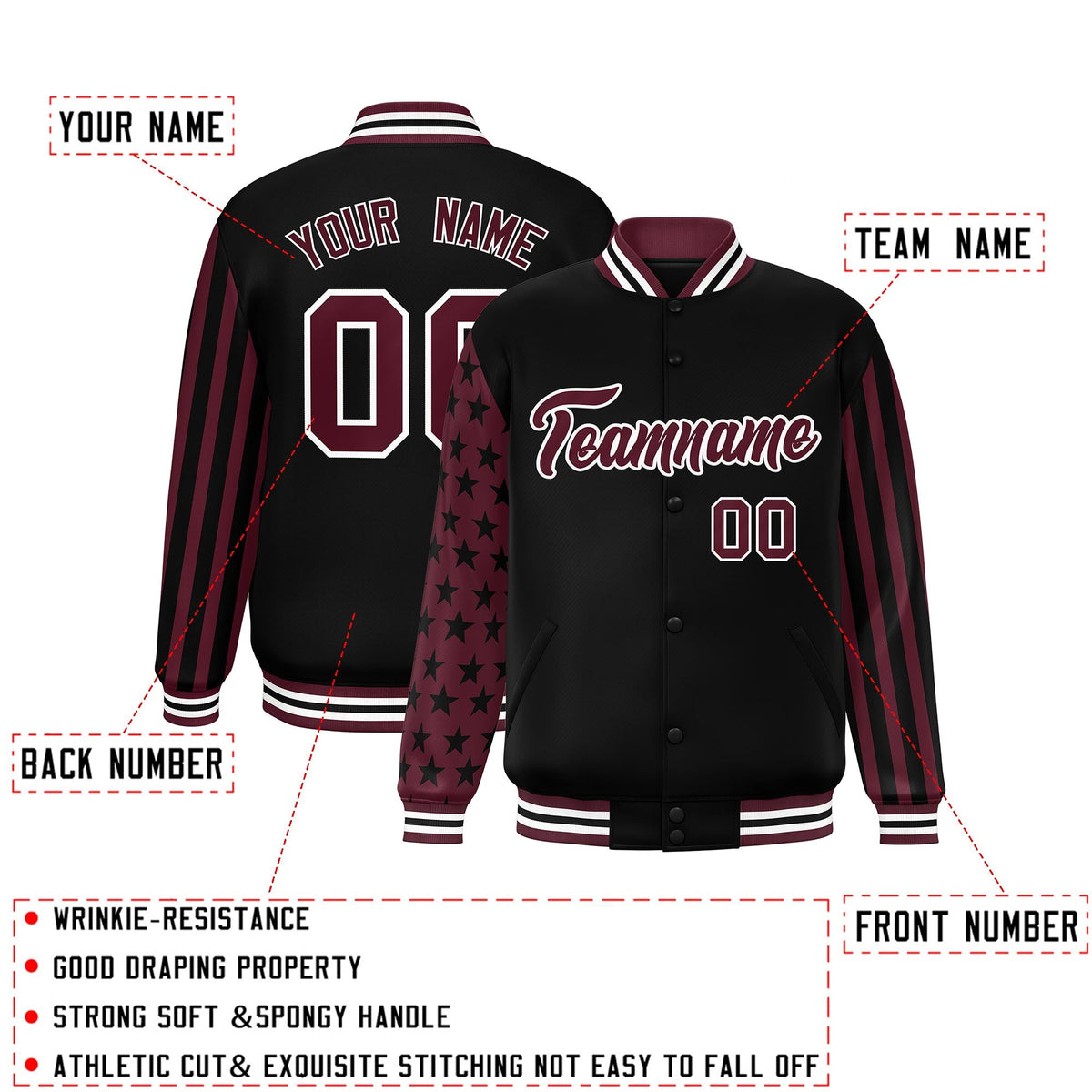 Custom Black Crimson American Flag Varsity Full-Snap Authentic Raglan Sleeves Letterman Bomber Jacket