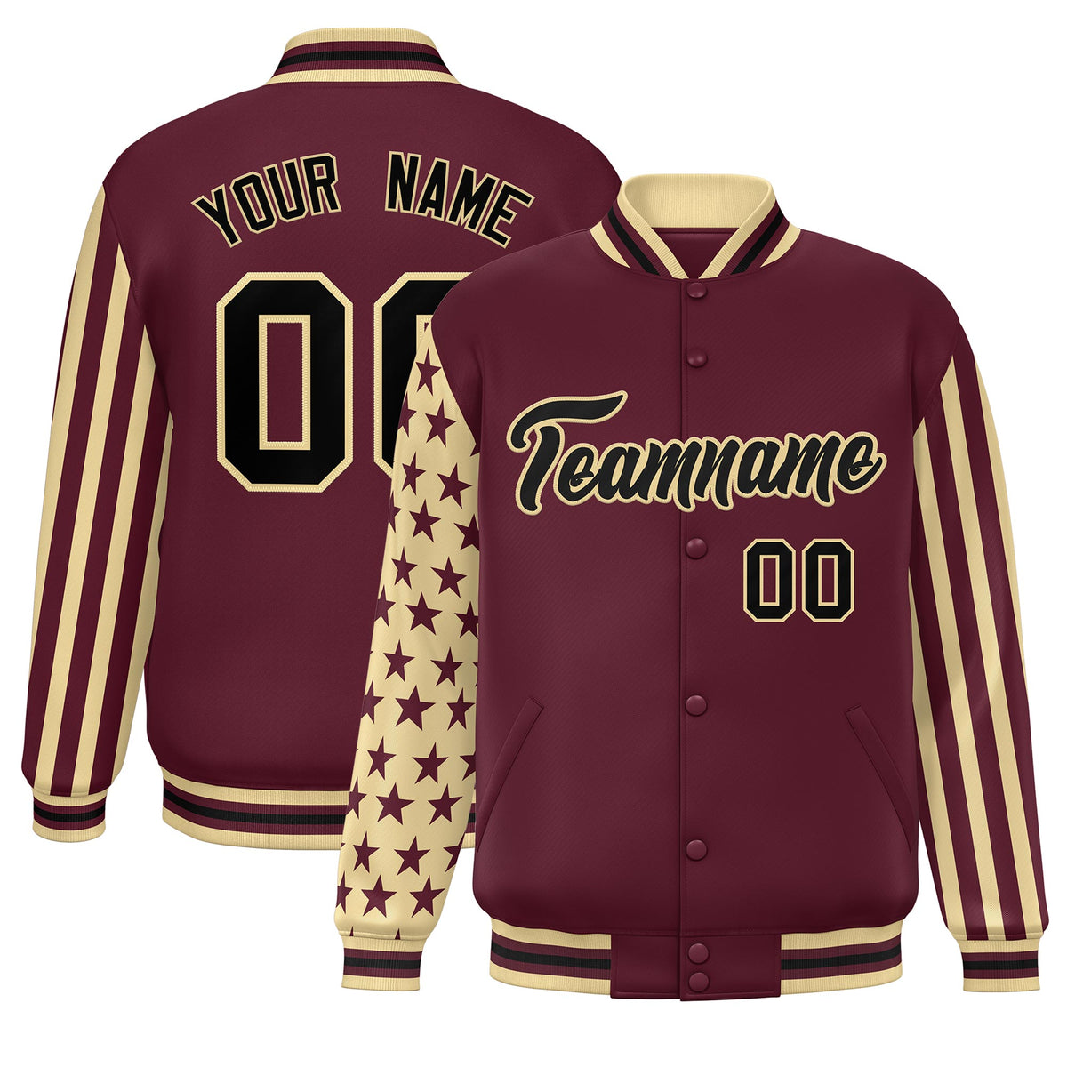 Custom Crimson Khaki American Flag Varsity Full-Snap Authentic Raglan Sleeves Letterman Bomber Jacket