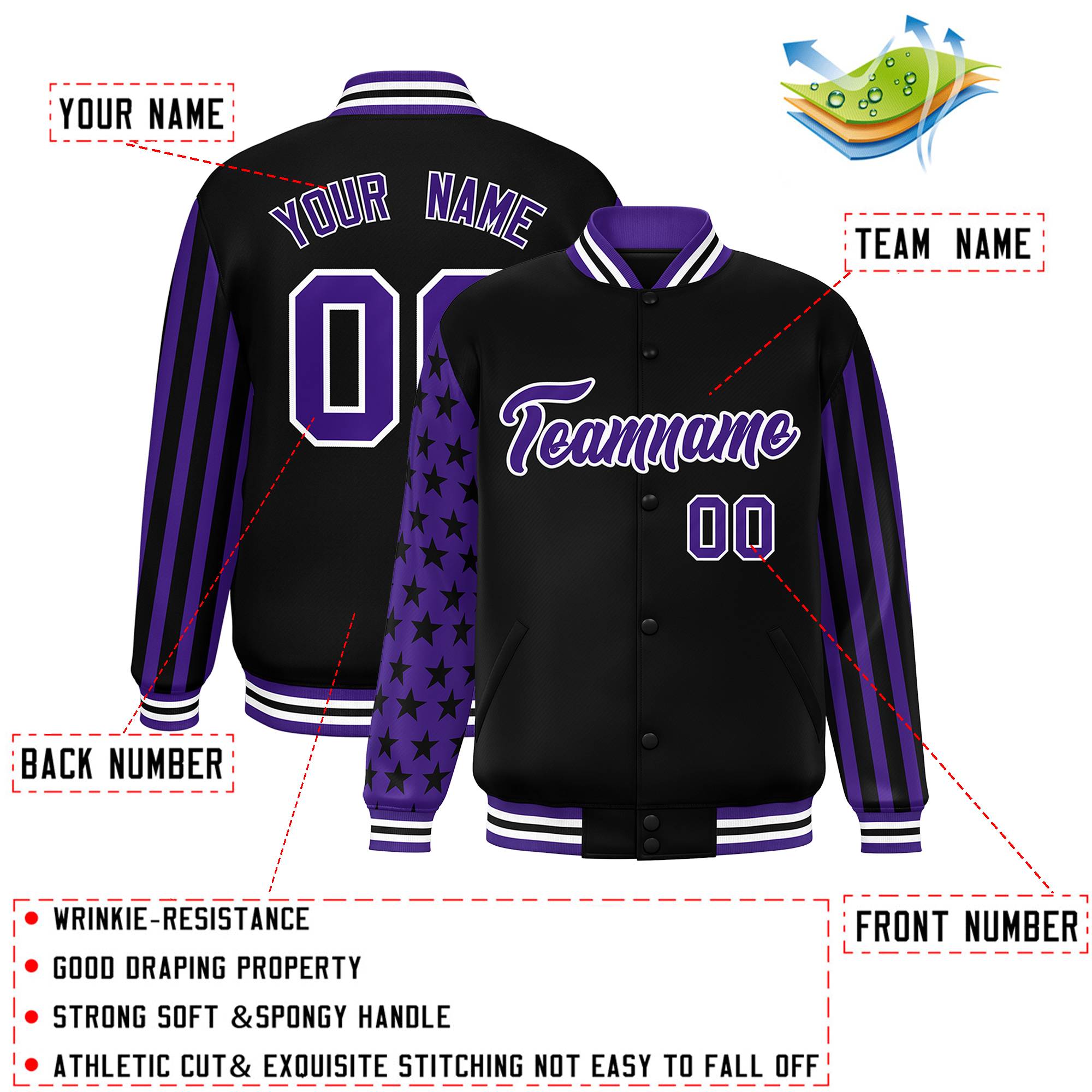 Custom Black Purple American Flag Varsity Full-Snap Authentic Raglan Sleeves Letterman Bomber Jacket
