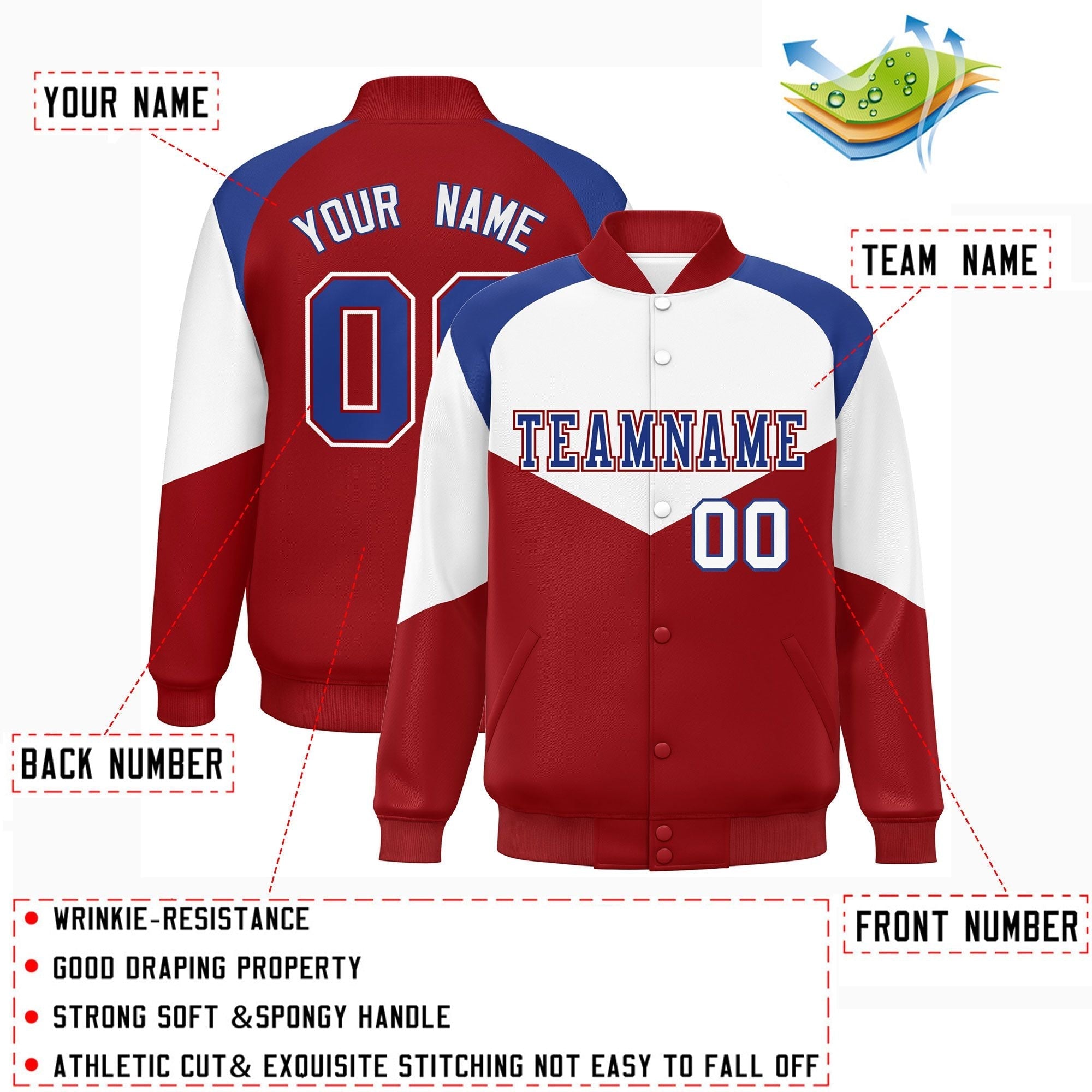 Custom White Red Varsity Full-Snap Color Block Letterman Jacket