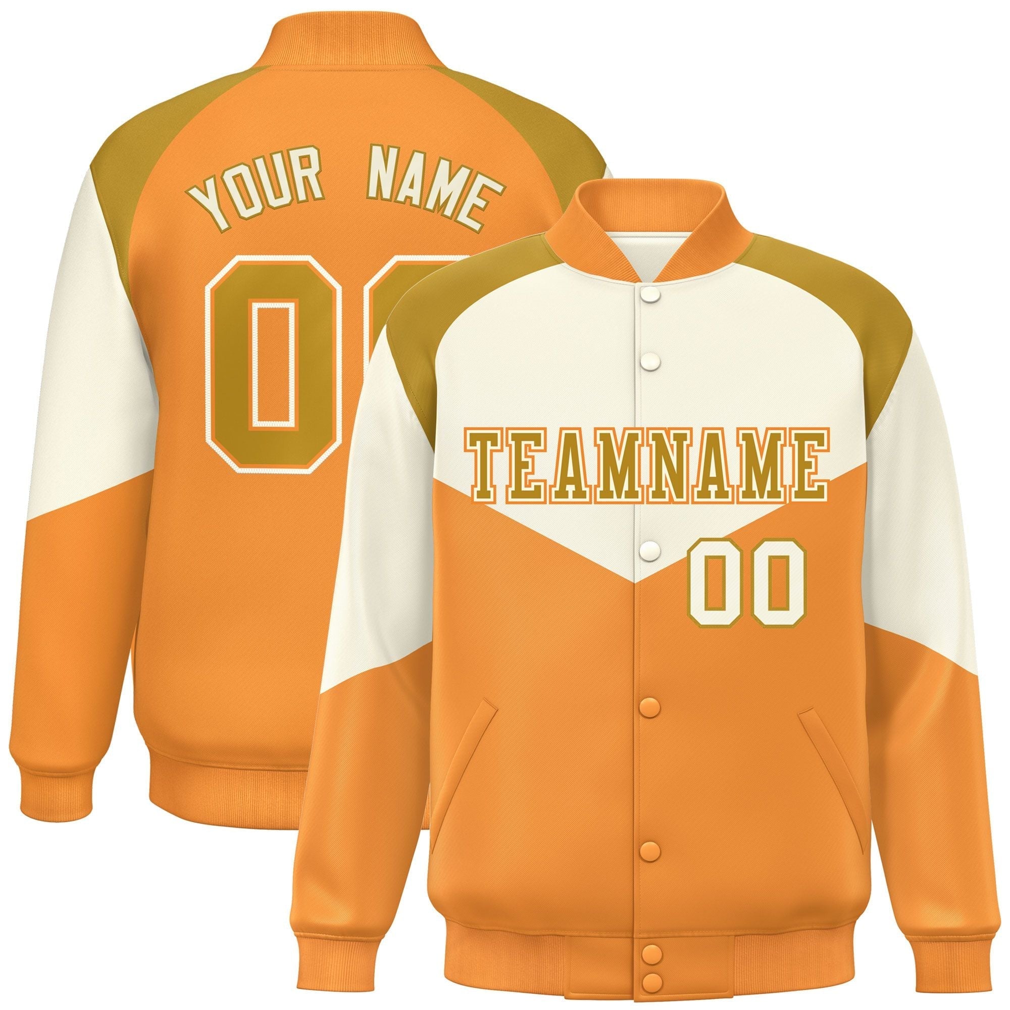 Custom Cream Orange Varsity Full-Snap Color Block Letterman Jacket