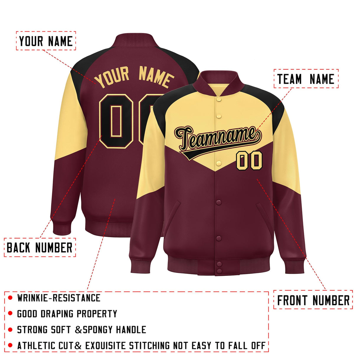 Custom Khaki Crimson Varsity Full-Snap Color Block Letterman Jacket