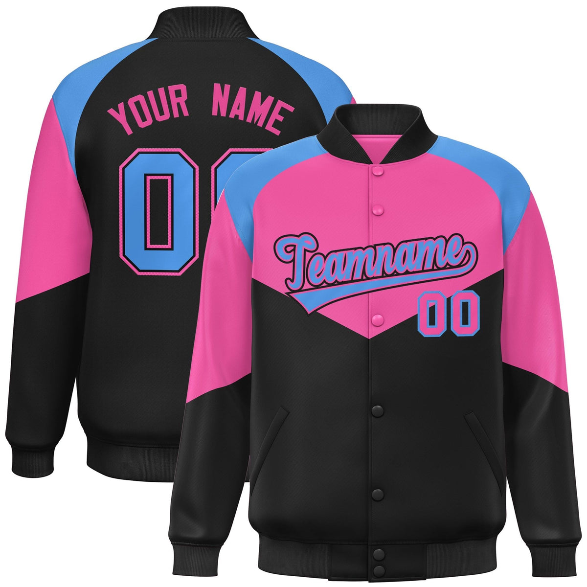 Custom Pink Black Varsity Full-Snap Color Block Letterman Jacket