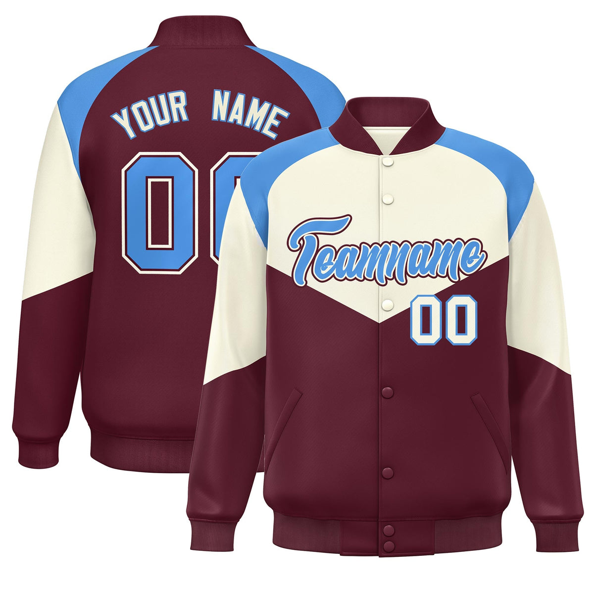 Custom Cream Crimson Varsity Full-Snap Color Block Letterman Jacket