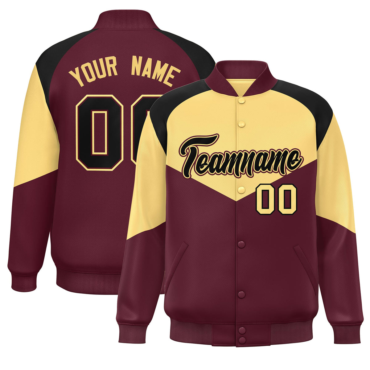 Custom Khaki Crimson Varsity Full-Snap Color Block Letterman Jacket