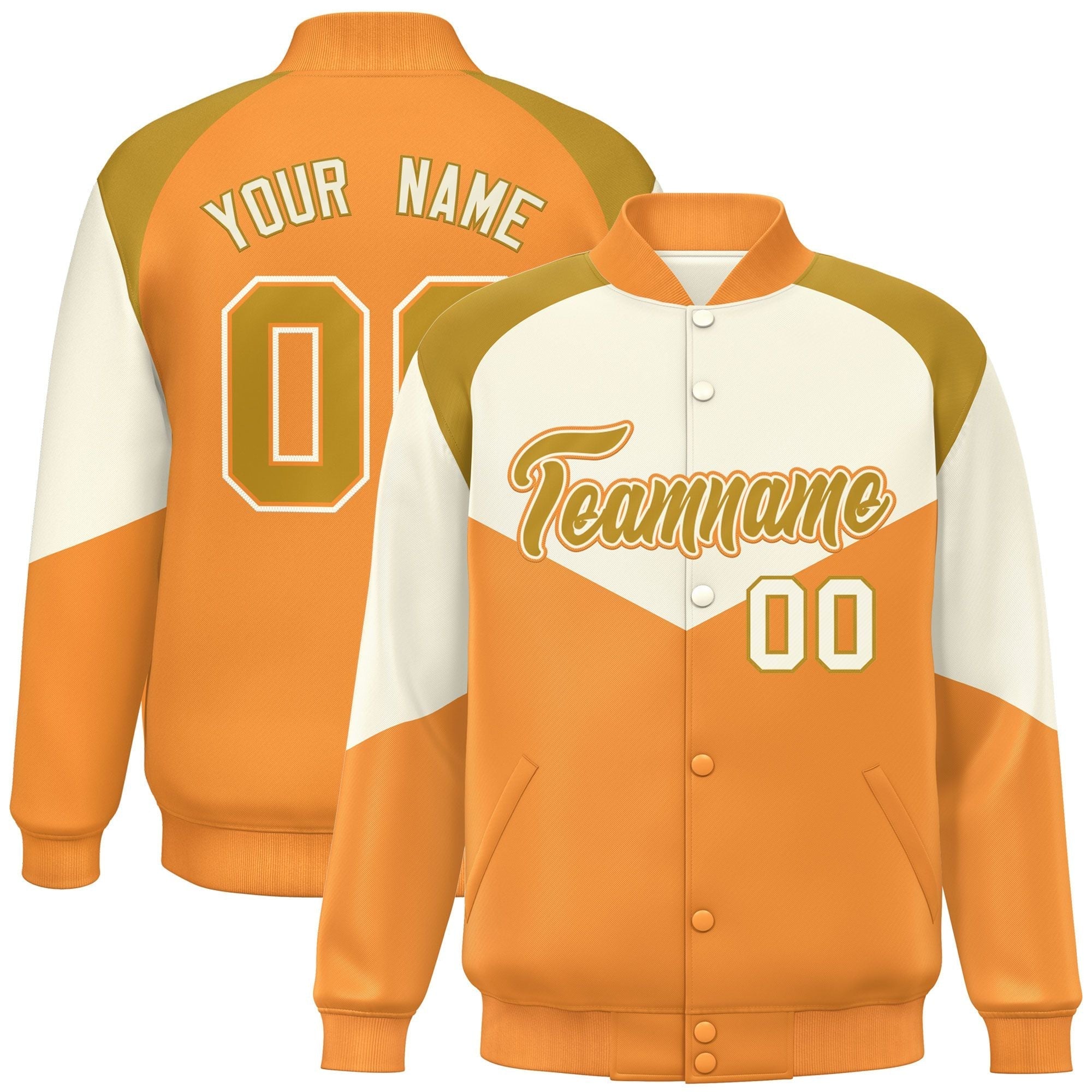 Custom Cream Orange Varsity Full-Snap Color Block Letterman Jacket