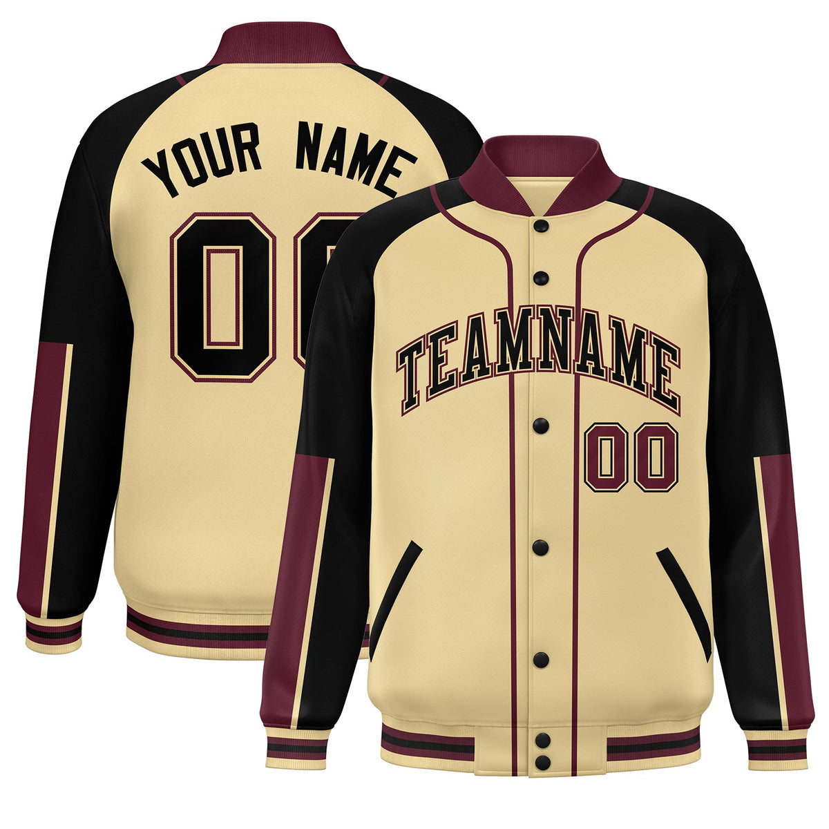 Custom Khaki Black-Crimson Raglan Sleeves Varsity Full-Snap Letterman Baseball Jacket