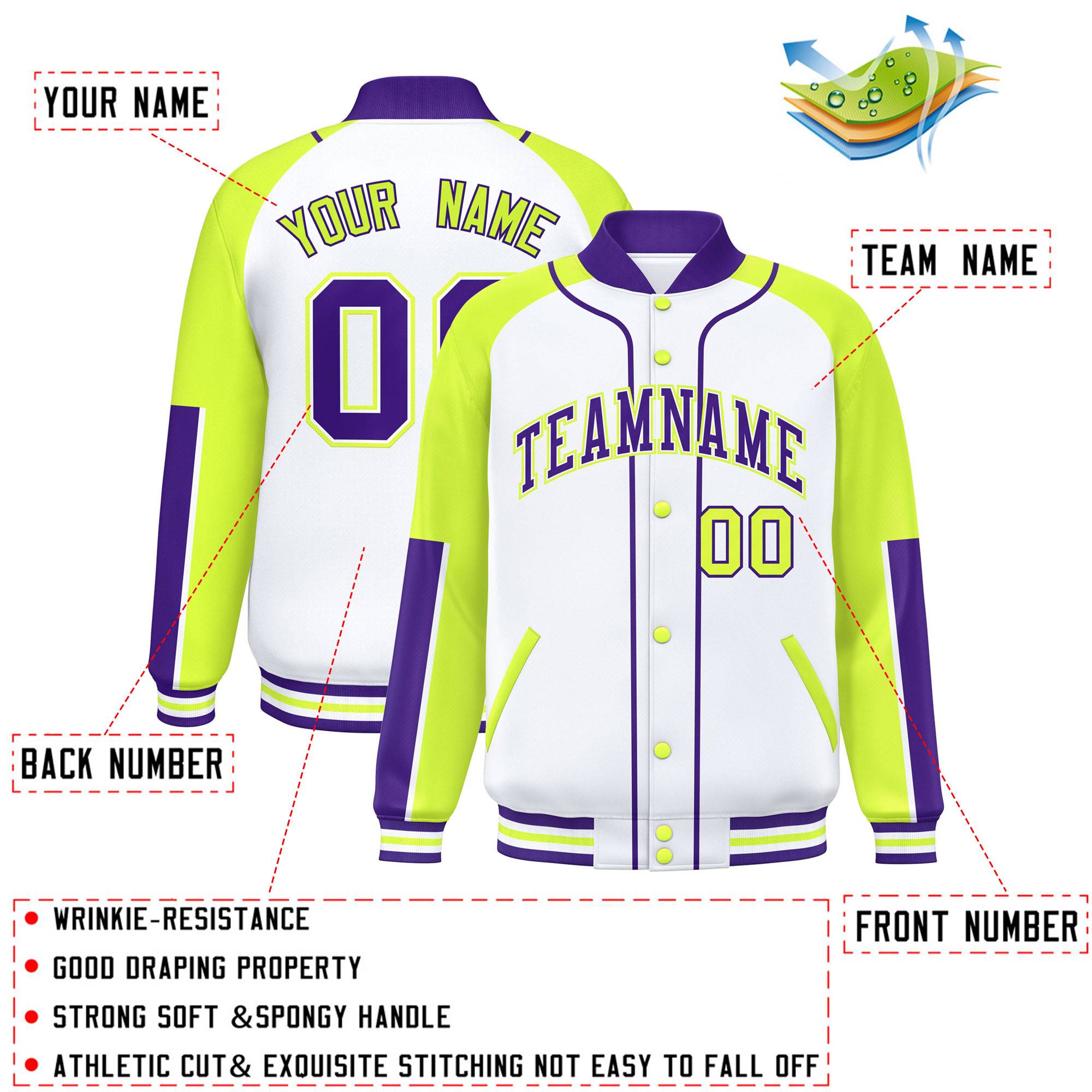 Custom White Neon Green-Purple Raglan Sleeves Varsity Full-Snap Letterman Baseball Jacket