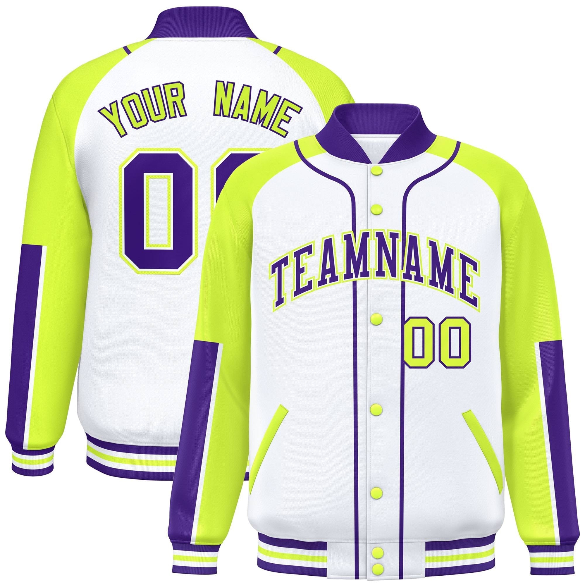 Custom White Neon Green-Purple Raglan Sleeves Varsity Full-Snap Letterman Baseball Jacket