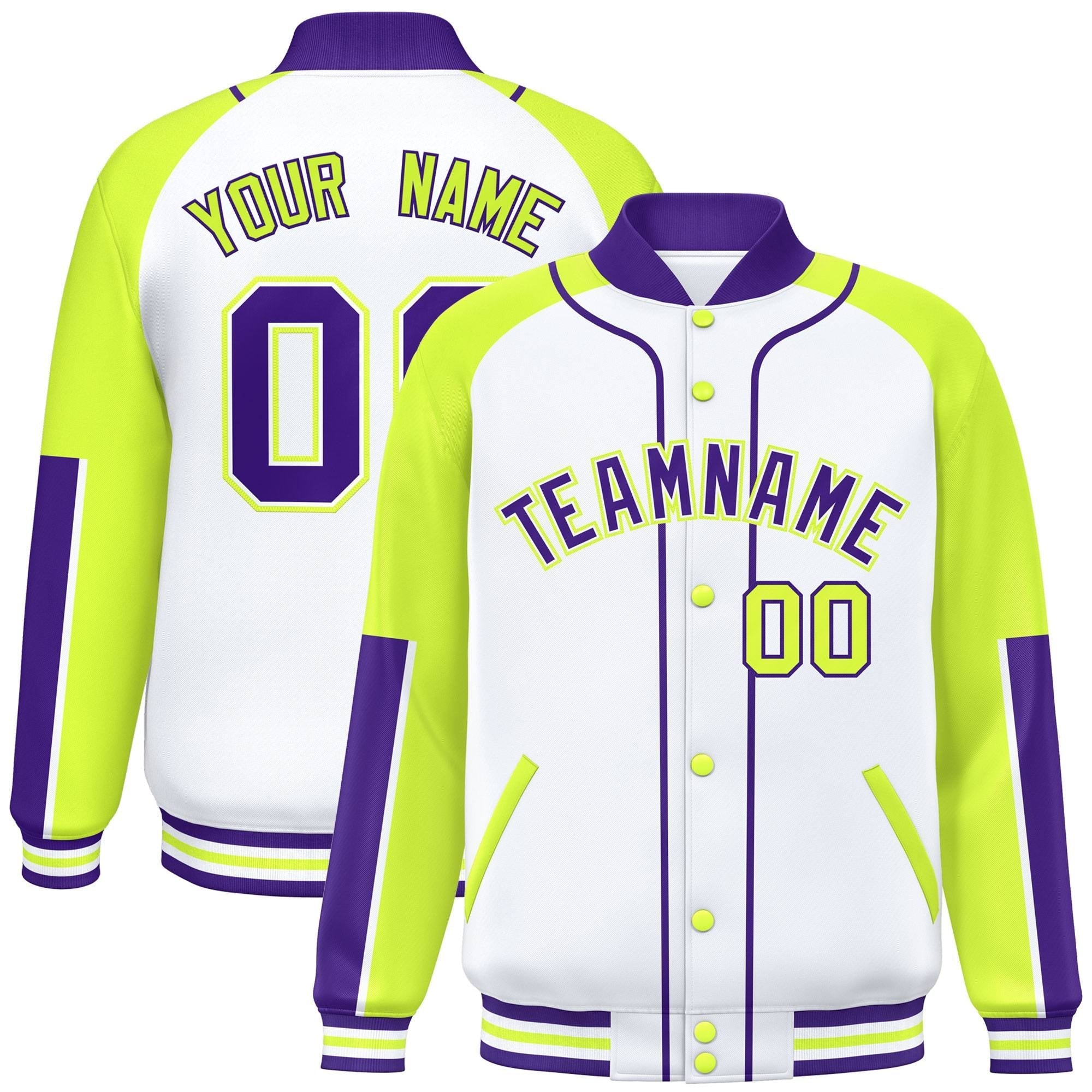 Custom White Neon Green-Purple Raglan Sleeves Varsity Full-Snap Letterman Baseball Jacket