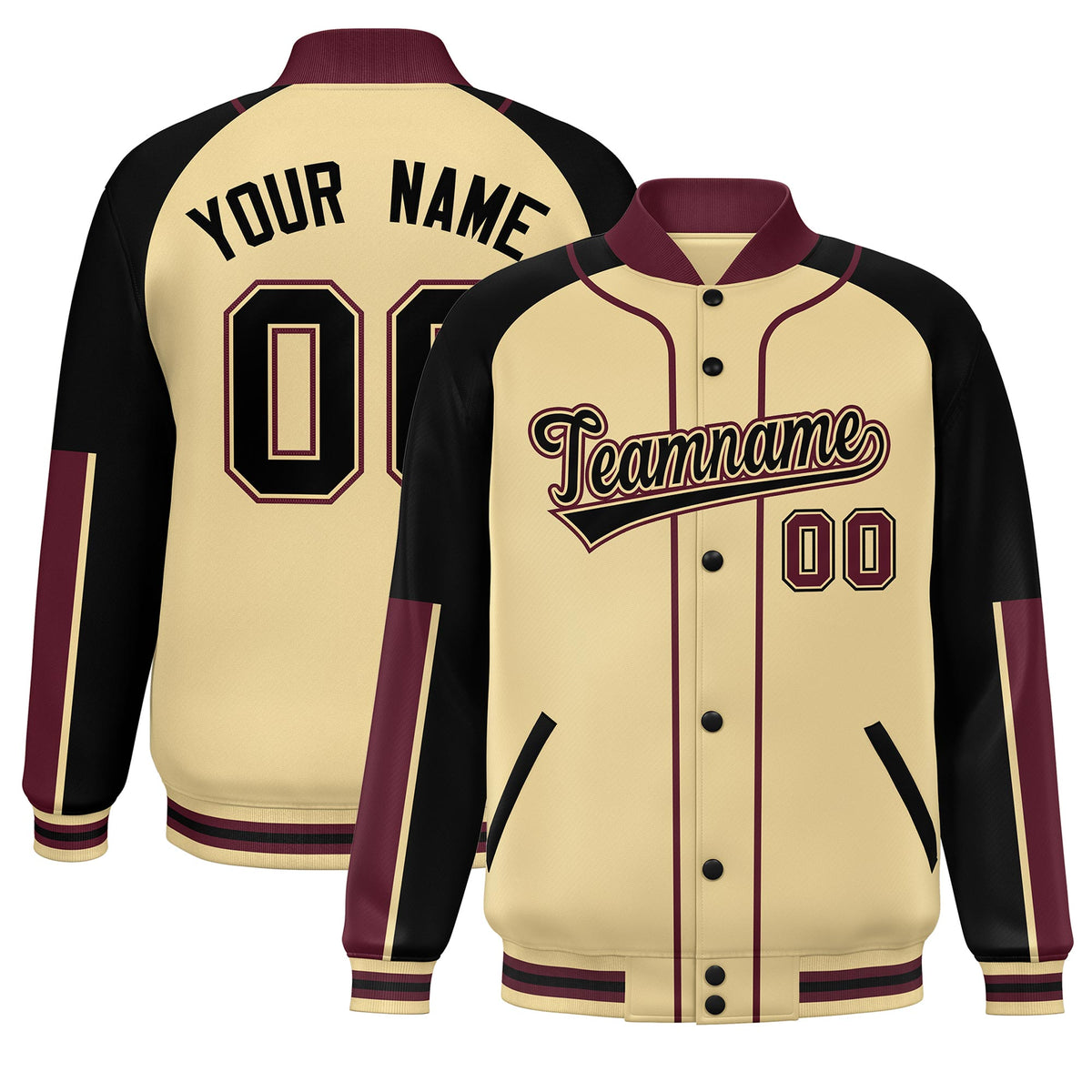 Custom Khaki Black-Crimson Raglan Sleeves Varsity Full-Snap Letterman Baseball Jacket