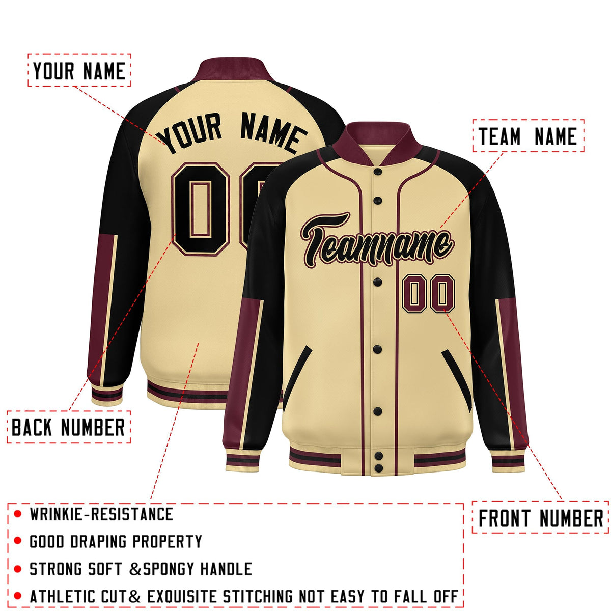Custom Khaki Black-Crimson Raglan Sleeves Varsity Full-Snap Letterman Baseball Jacket