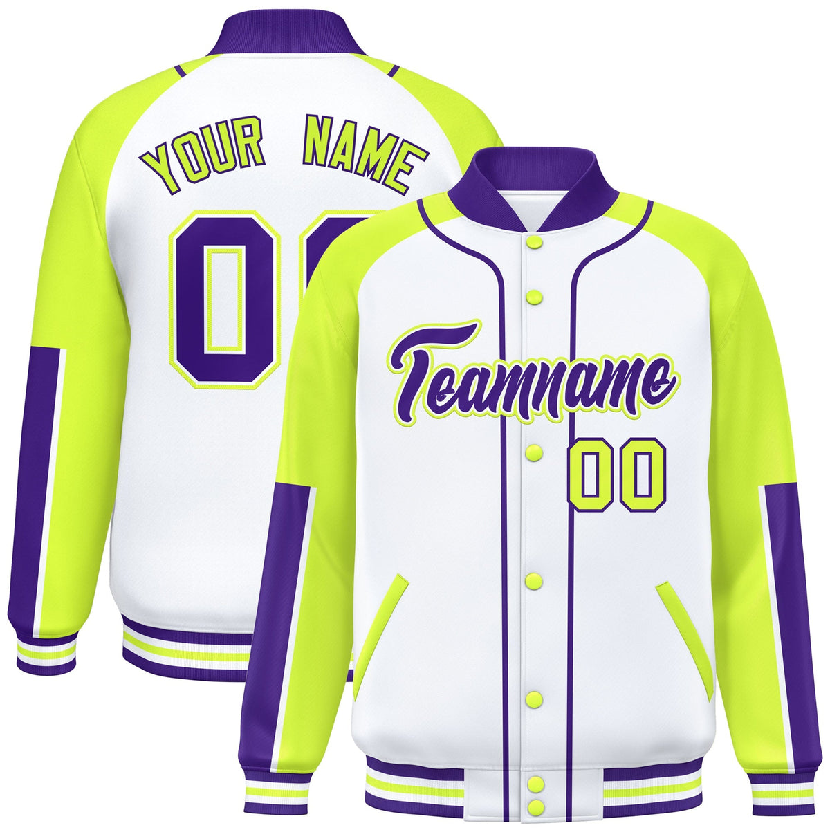 Custom White Neon Green-Purple Raglan Sleeves Varsity Full-Snap Letterman Baseball Jacket