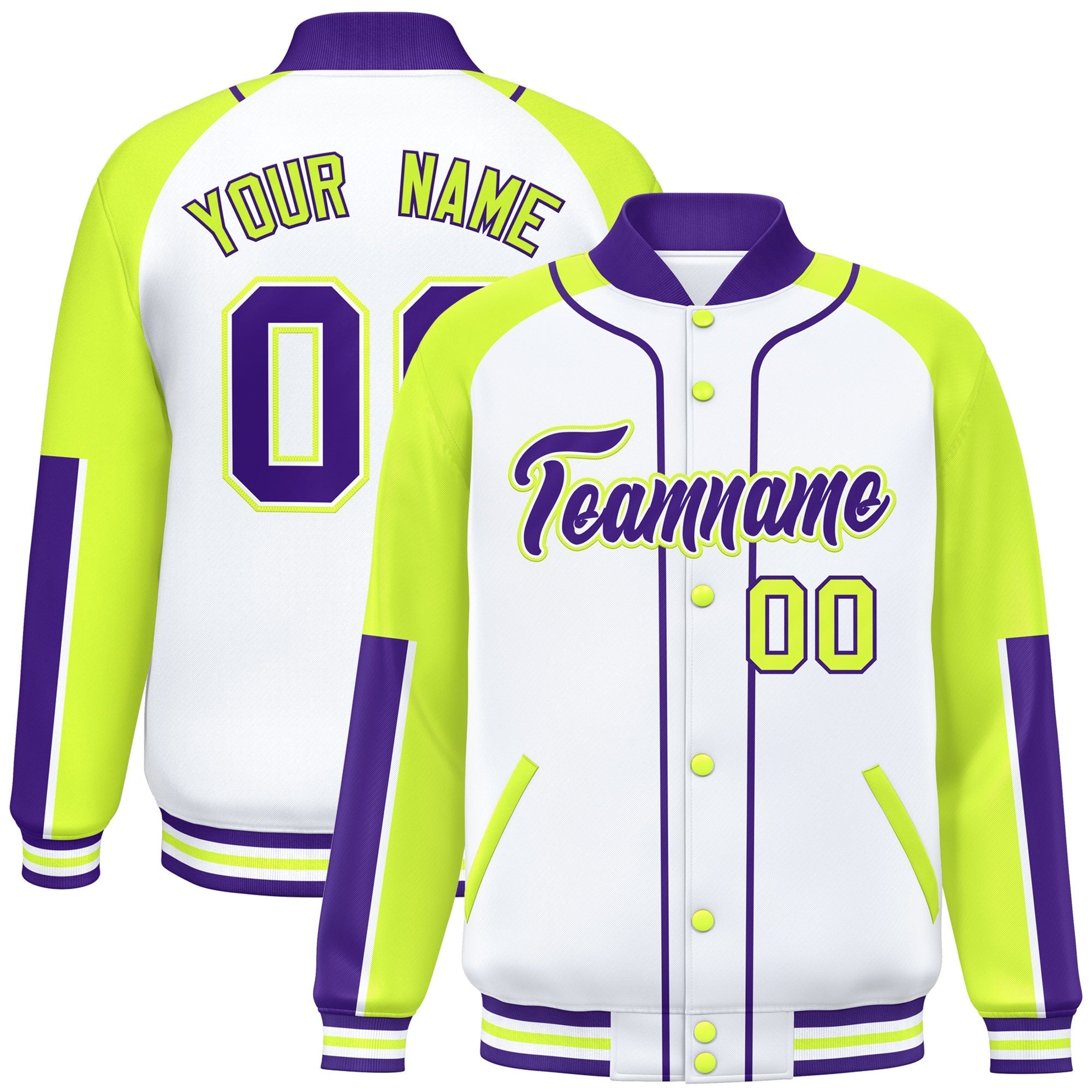 Custom White Neon Green-Purple Raglan Sleeves Varsity Full-Snap Letterman Baseball Jacket