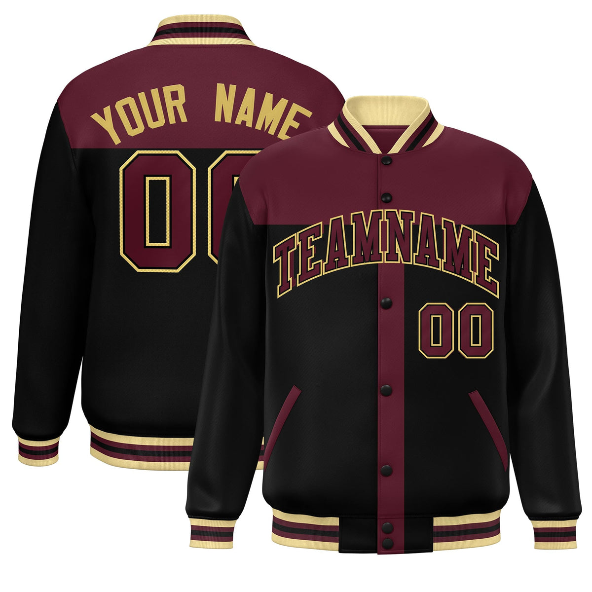 Custom Crimson Black Color Block Bomber Varsity Baseball Jacket