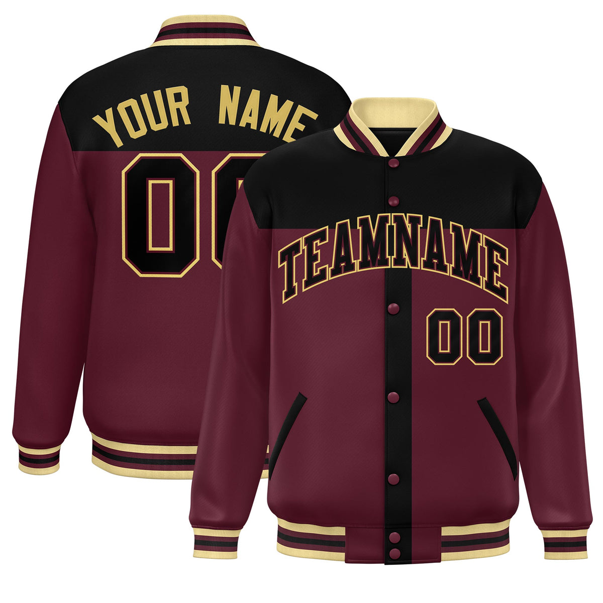 Custom Black Crimson Color Block Bomber Varsity Baseball Jacket