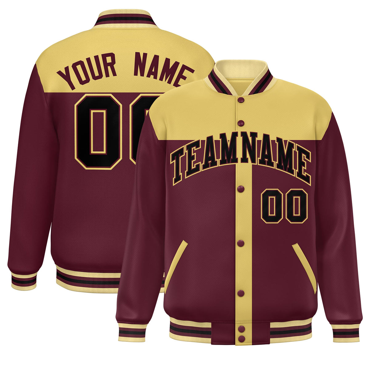 Custom Khaki Crimson Color Block Bomber Varsity Baseball Jacket
