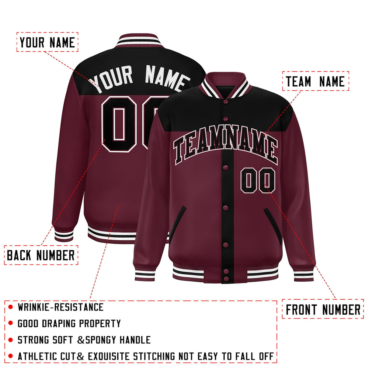 Custom Black Crimson Color Block Bomber Varsity Baseball Jacket